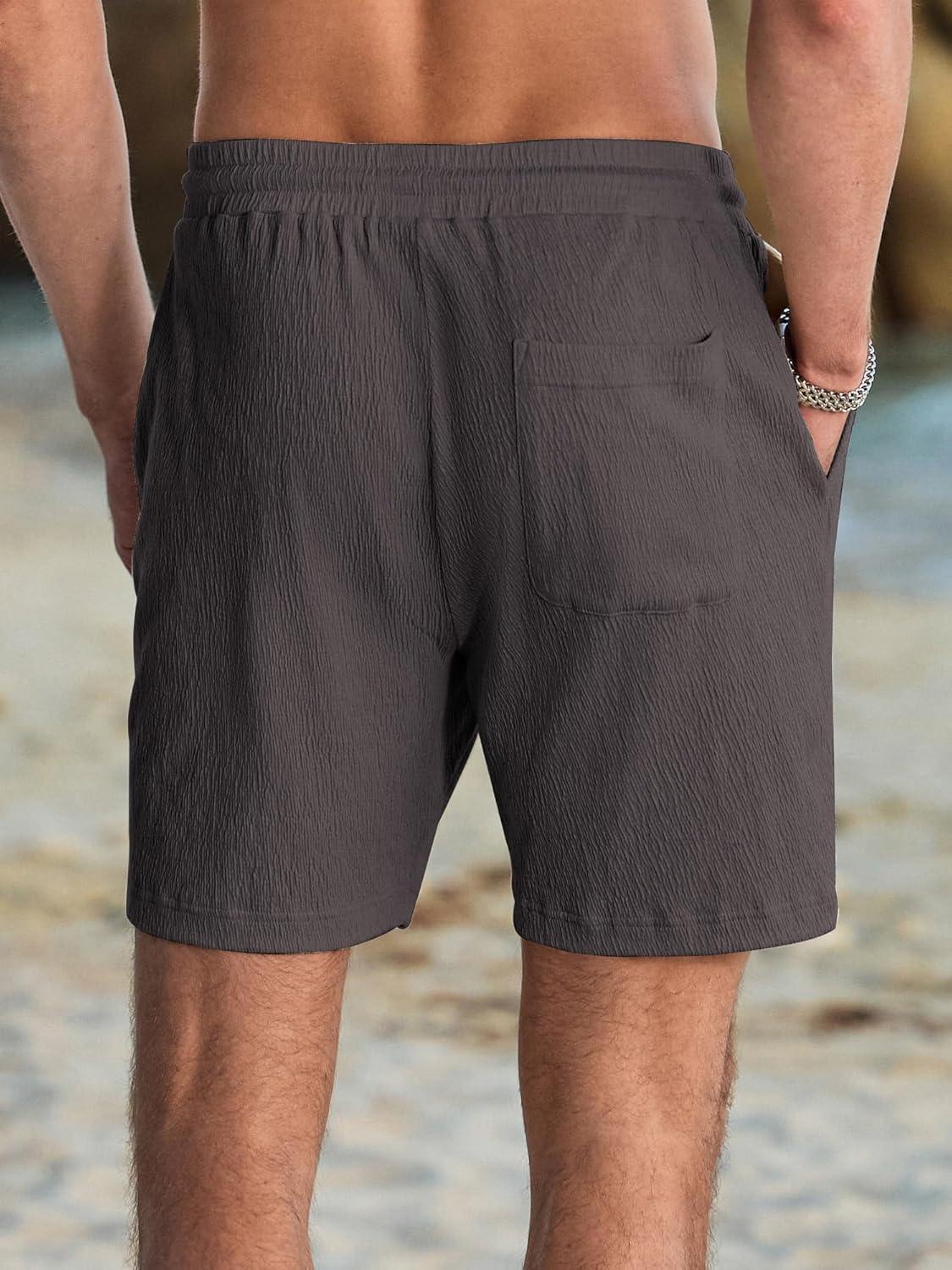 imageJMIERR Mens Casual 7quot Shorts Cotton Elastic Waist Drawstring Summer Texture Stretch Beach Shorts with PocketsBrown Grey