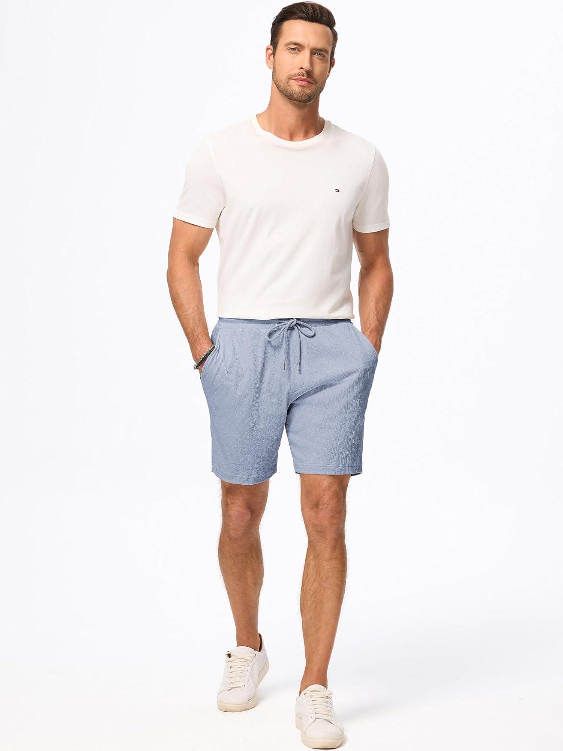 imageJMIERR Mens Casual 7quot Shorts Cotton Elastic Waist Drawstring Summer Texture Stretch Beach Shorts with PocketsDusk Blue