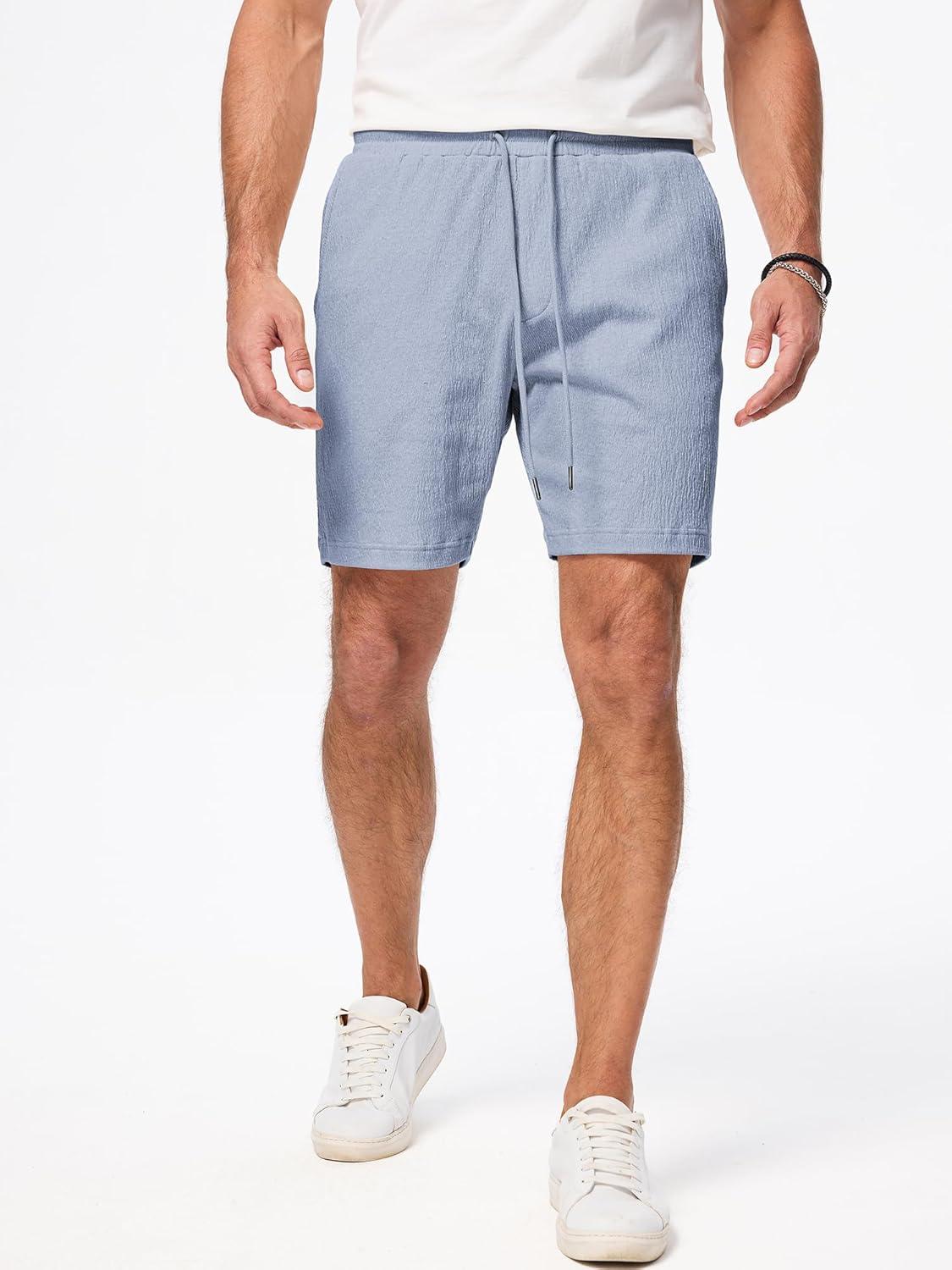 imageJMIERR Mens Casual 7quot Shorts Cotton Elastic Waist Drawstring Summer Texture Stretch Beach Shorts with PocketsDusk Blue