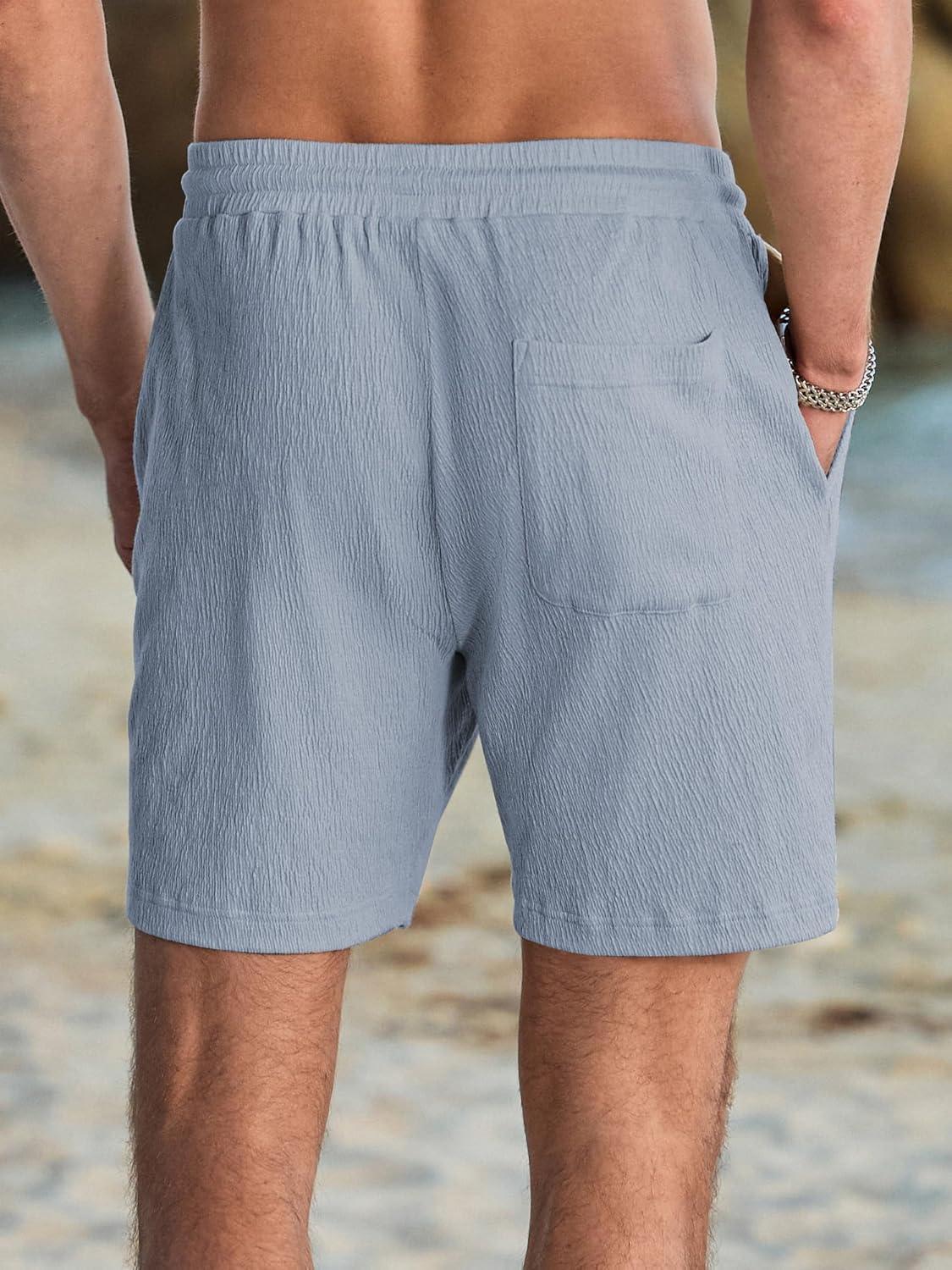 imageJMIERR Mens Casual 7quot Shorts Cotton Elastic Waist Drawstring Summer Texture Stretch Beach Shorts with PocketsDusk Blue