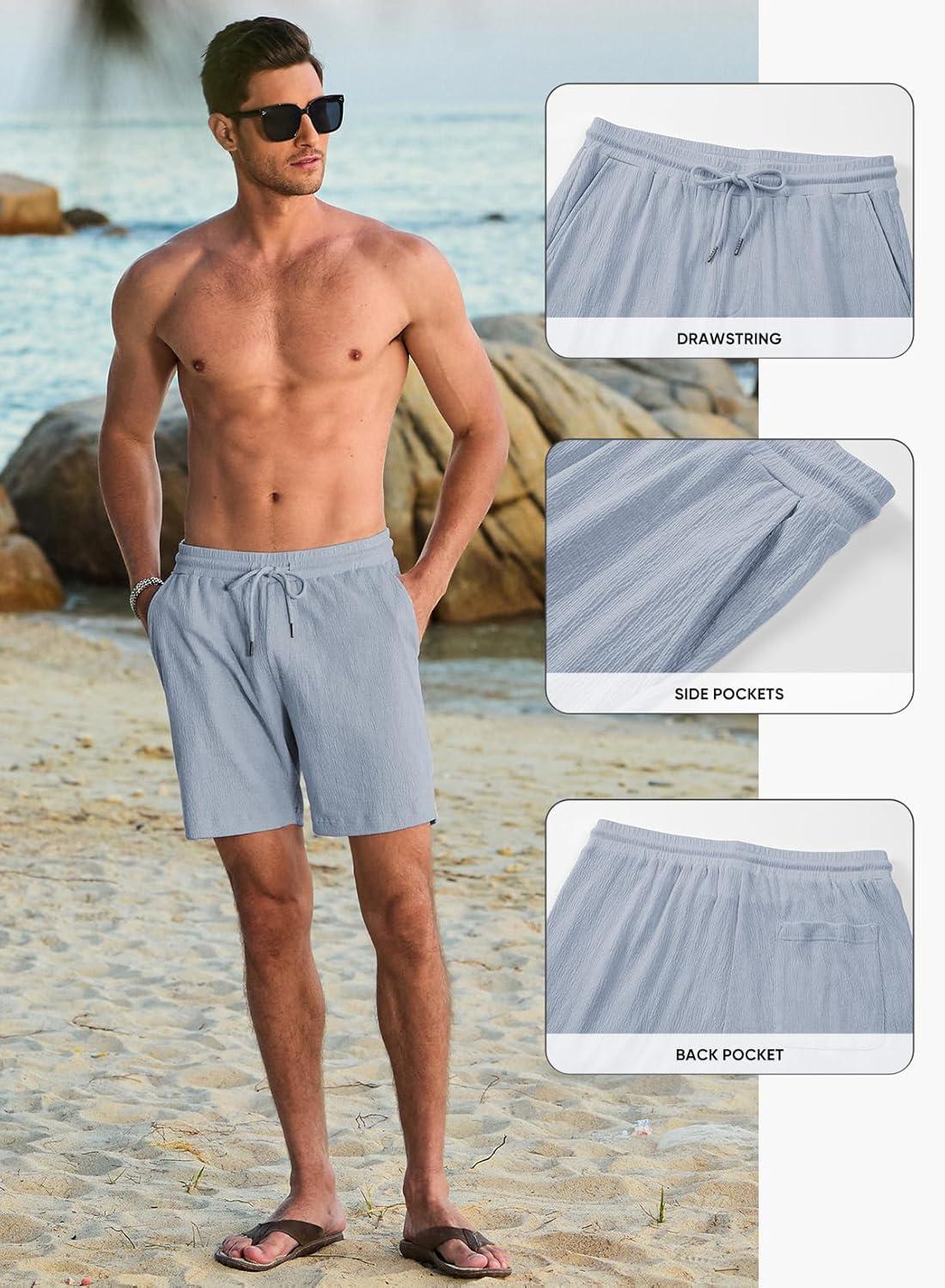 imageJMIERR Mens Casual 7quot Shorts Cotton Elastic Waist Drawstring Summer Texture Stretch Beach Shorts with PocketsDusk Blue