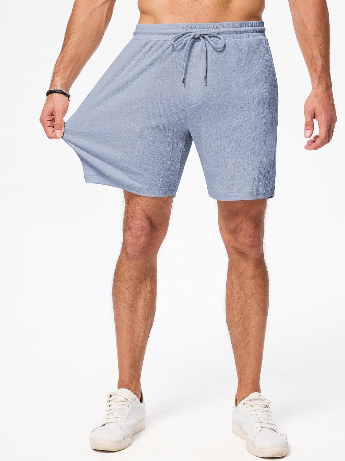 imageJMIERR Mens Casual 7quot Shorts Cotton Elastic Waist Drawstring Summer Texture Stretch Beach Shorts with PocketsDusk Blue