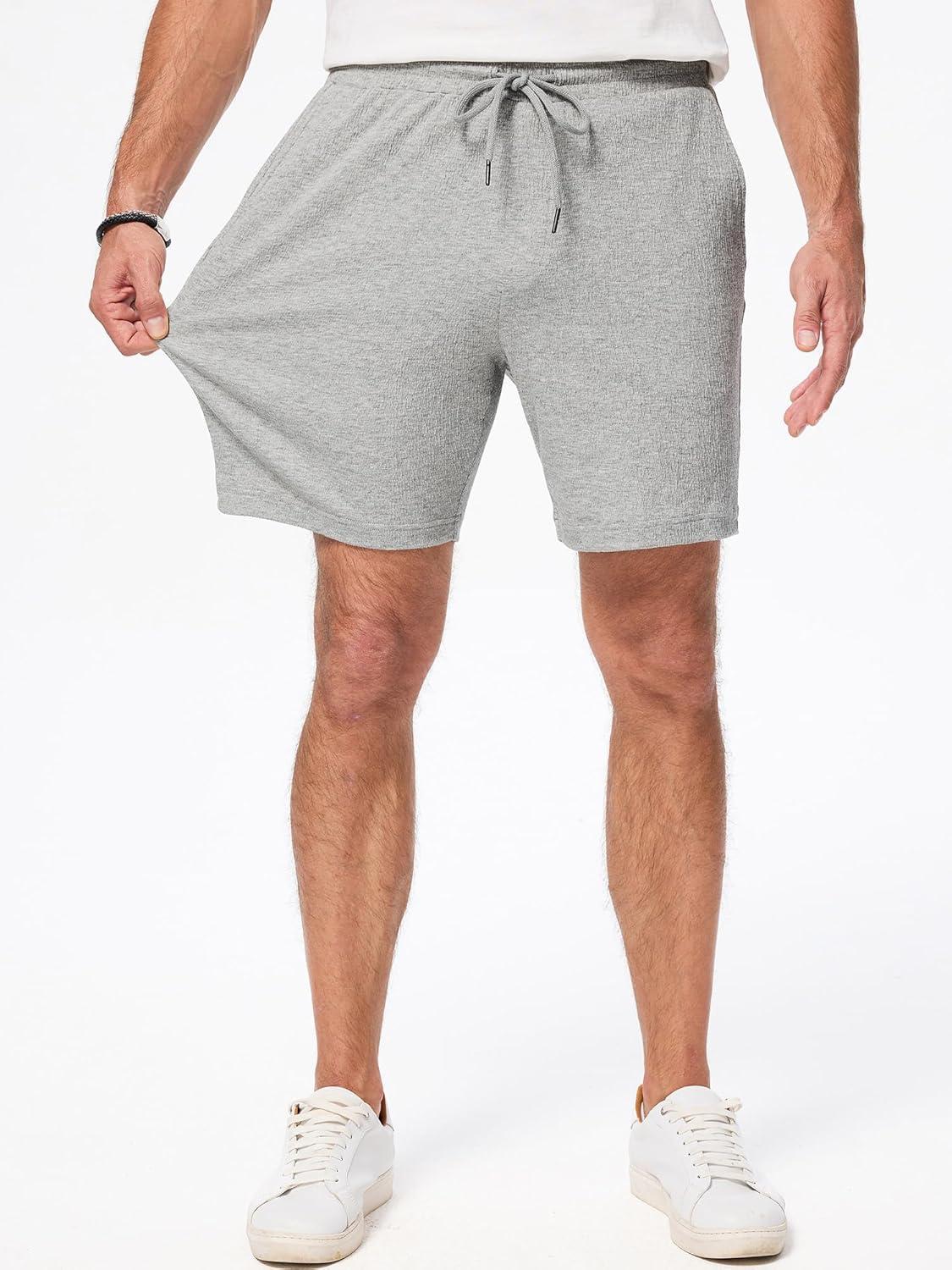 imageJMIERR Mens Casual 7quot Shorts Cotton Elastic Waist Drawstring Summer Texture Stretch Beach Shorts with PocketsGrey