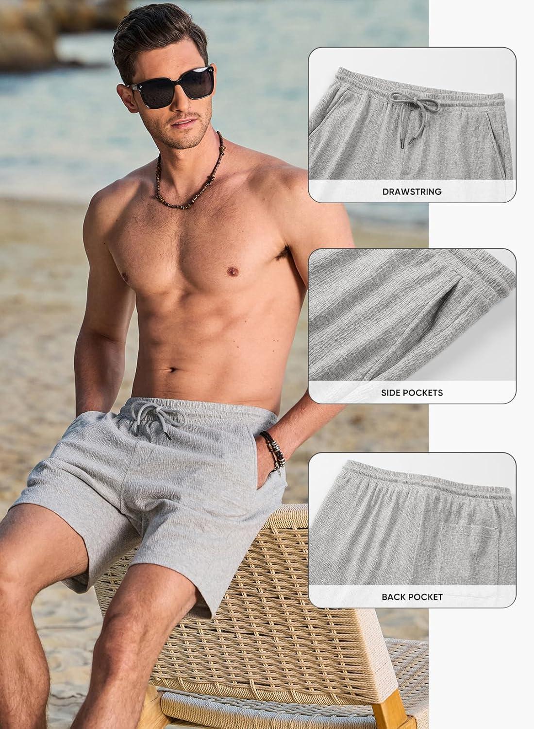 imageJMIERR Mens Casual 7quot Shorts Cotton Elastic Waist Drawstring Summer Texture Stretch Beach Shorts with PocketsGrey