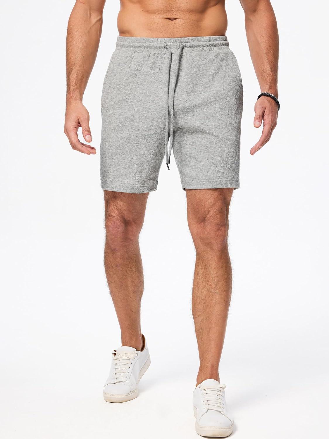 imageJMIERR Mens Casual 7quot Shorts Cotton Elastic Waist Drawstring Summer Texture Stretch Beach Shorts with PocketsGrey