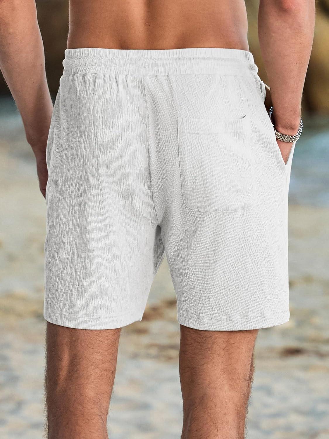 imageJMIERR Mens Casual 7quot Shorts Cotton Elastic Waist Drawstring Summer Texture Stretch Beach Shorts with PocketsWhite