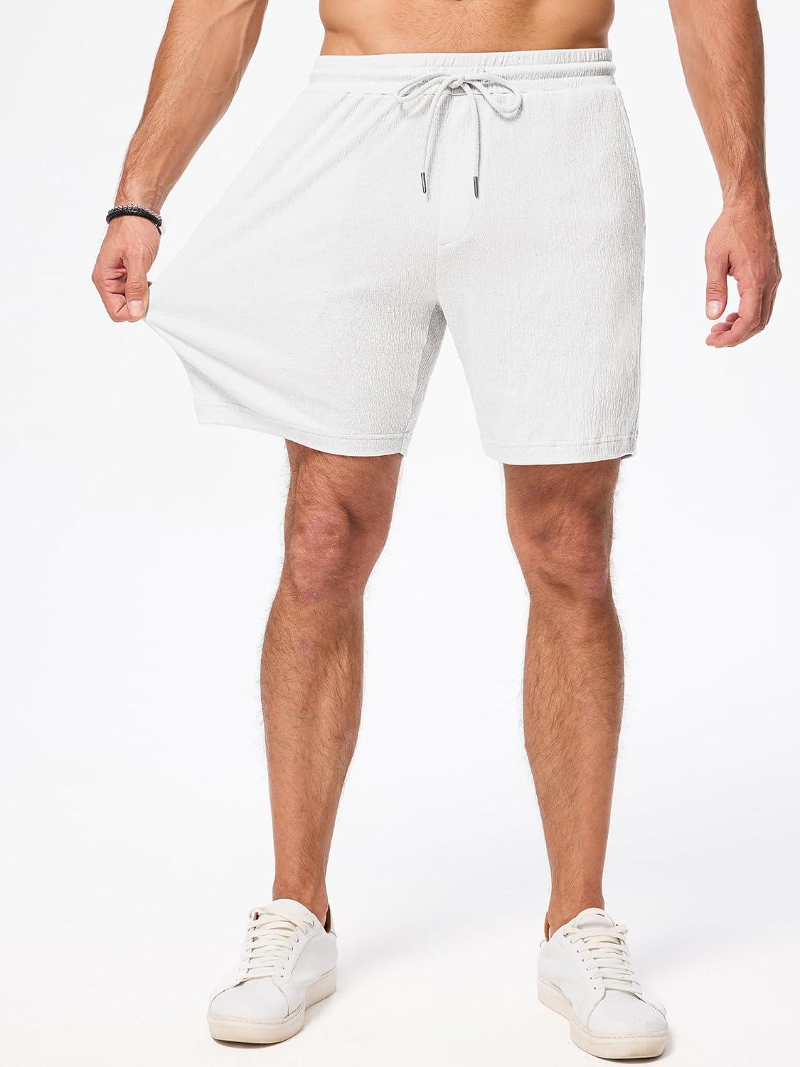imageJMIERR Mens Casual 7quot Shorts Cotton Elastic Waist Drawstring Summer Texture Stretch Beach Shorts with PocketsWhite