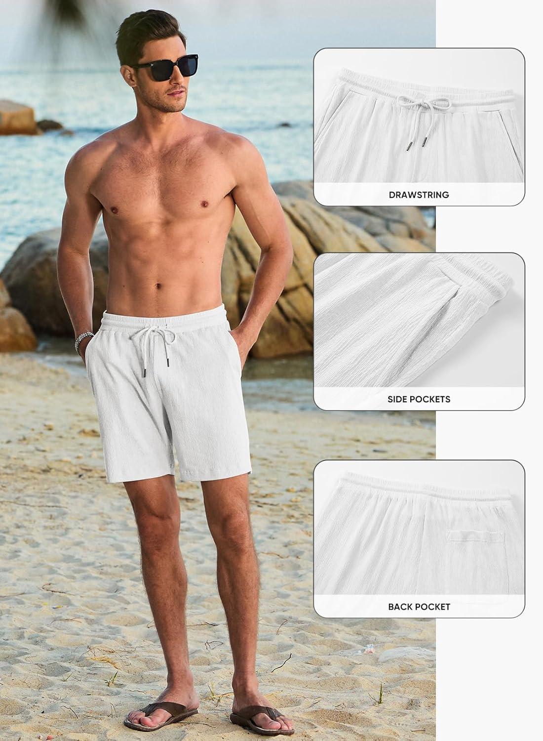 imageJMIERR Mens Casual 7quot Shorts Cotton Elastic Waist Drawstring Summer Texture Stretch Beach Shorts with PocketsWhite