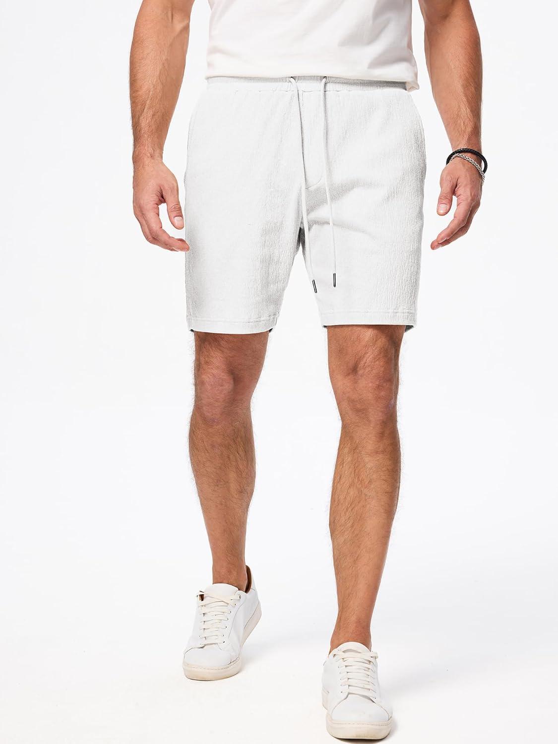 imageJMIERR Mens Casual 7quot Shorts Cotton Elastic Waist Drawstring Summer Texture Stretch Beach Shorts with PocketsWhite