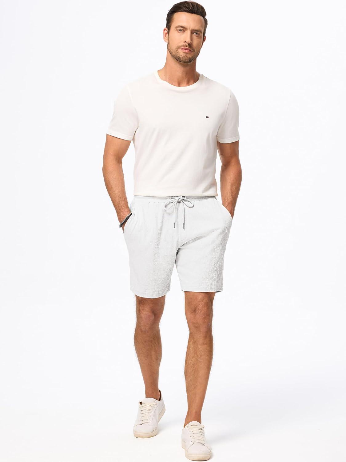 imageJMIERR Mens Casual 7quot Shorts Cotton Elastic Waist Drawstring Summer Texture Stretch Beach Shorts with PocketsWhite