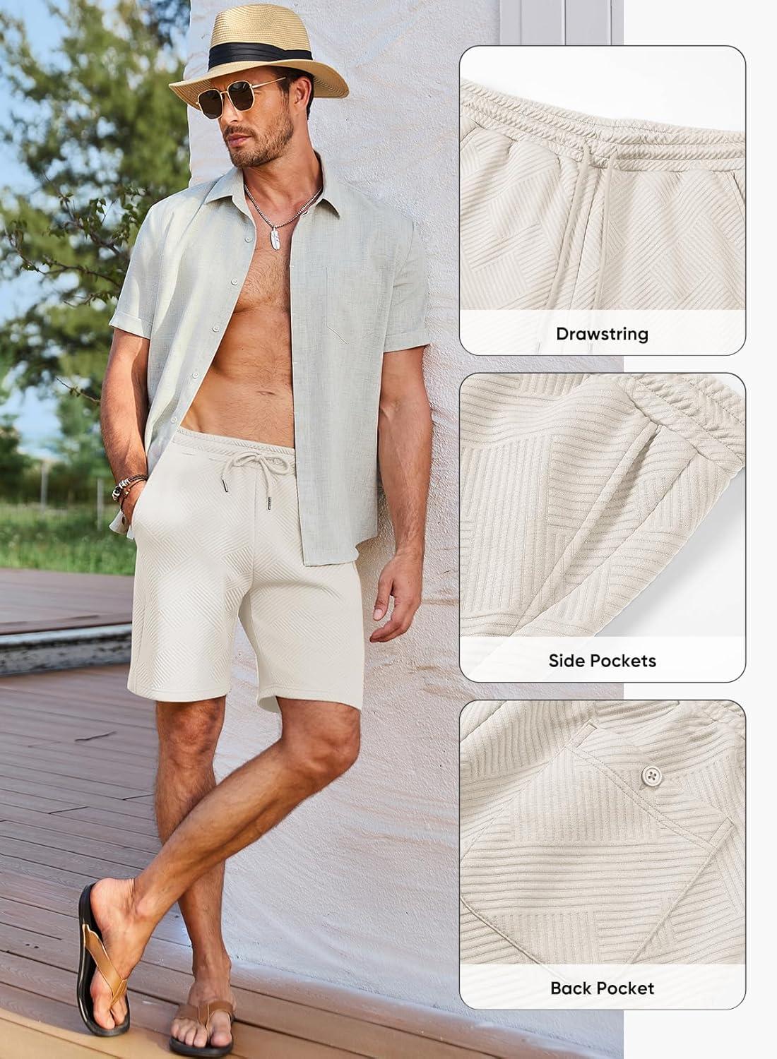 imageJMIERR Mens Casual 7quot Shorts Summer Drawstring Elastic Waist Beach Sweat Shorts Texture with PocketsApricot