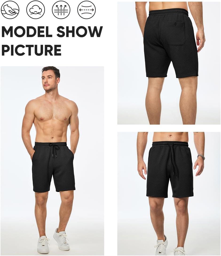 imageJMIERR Mens Casual 7quot Shorts Summer Drawstring Elastic Waist Beach Sweat Shorts Texture with PocketsBlack