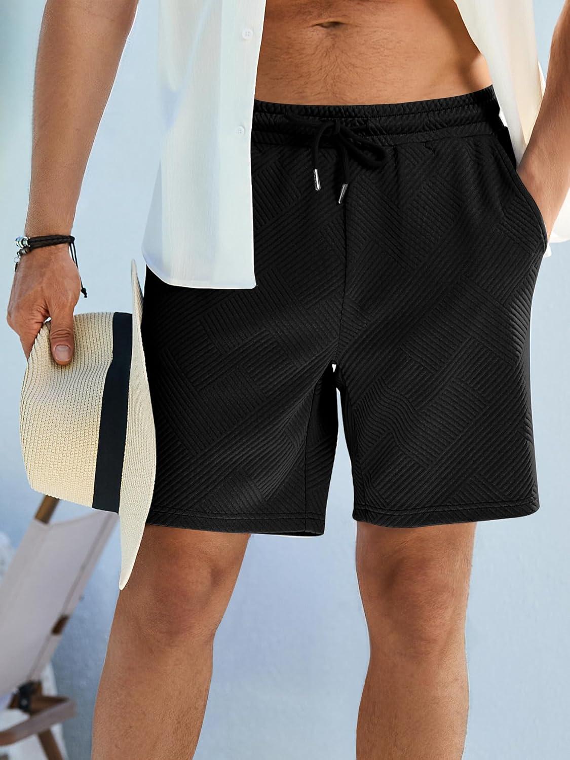 imageJMIERR Mens Casual 7quot Shorts Summer Drawstring Elastic Waist Beach Sweat Shorts Texture with PocketsBlack