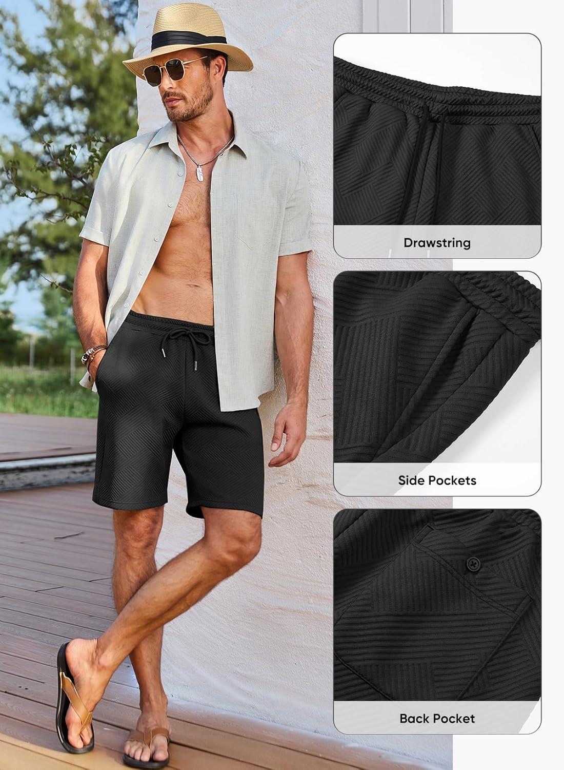 imageJMIERR Mens Casual 7quot Shorts Summer Drawstring Elastic Waist Beach Sweat Shorts Texture with PocketsBlack