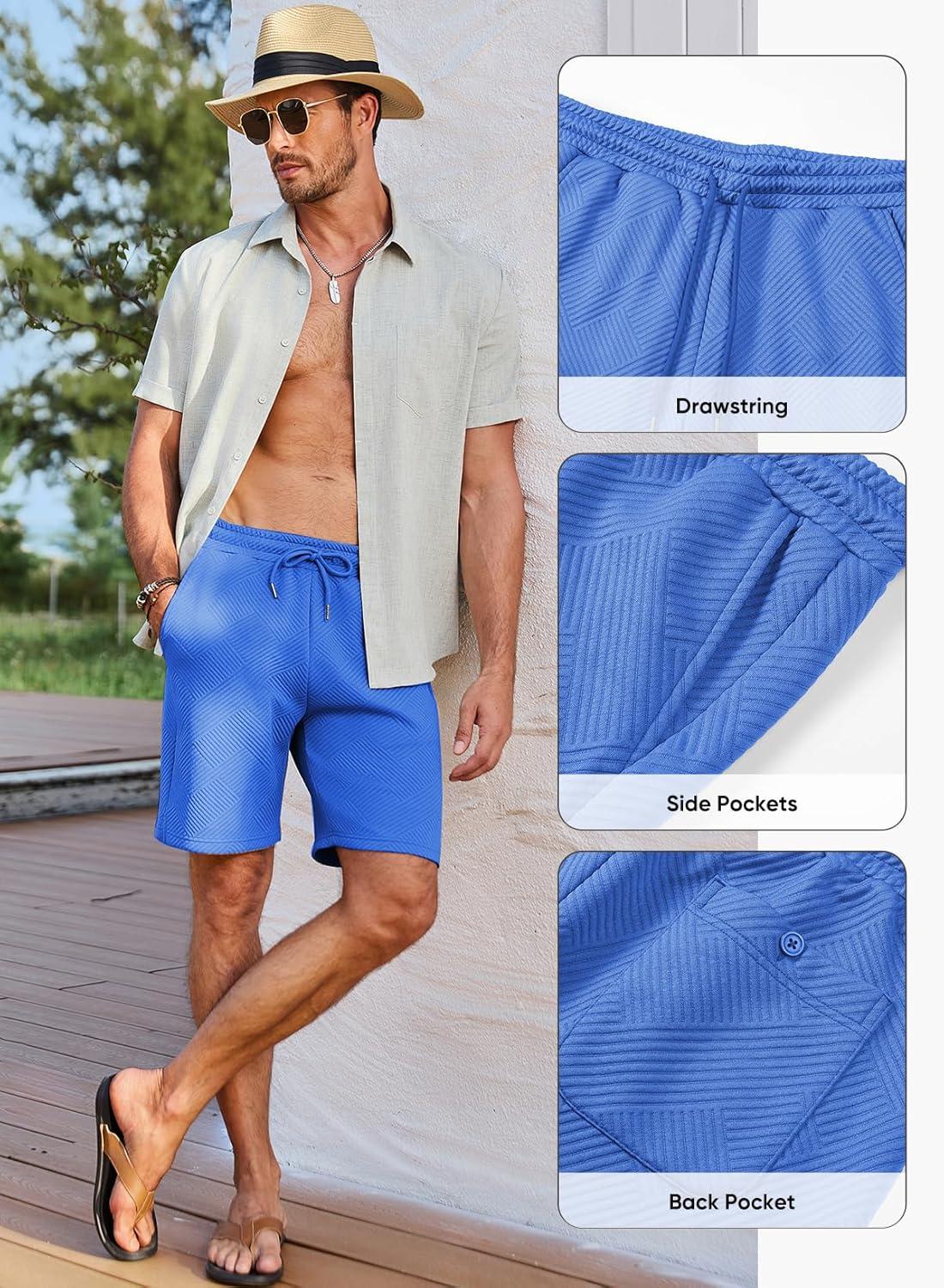 imageJMIERR Mens Casual 7quot Shorts Summer Drawstring Elastic Waist Beach Sweat Shorts Texture with PocketsBlue