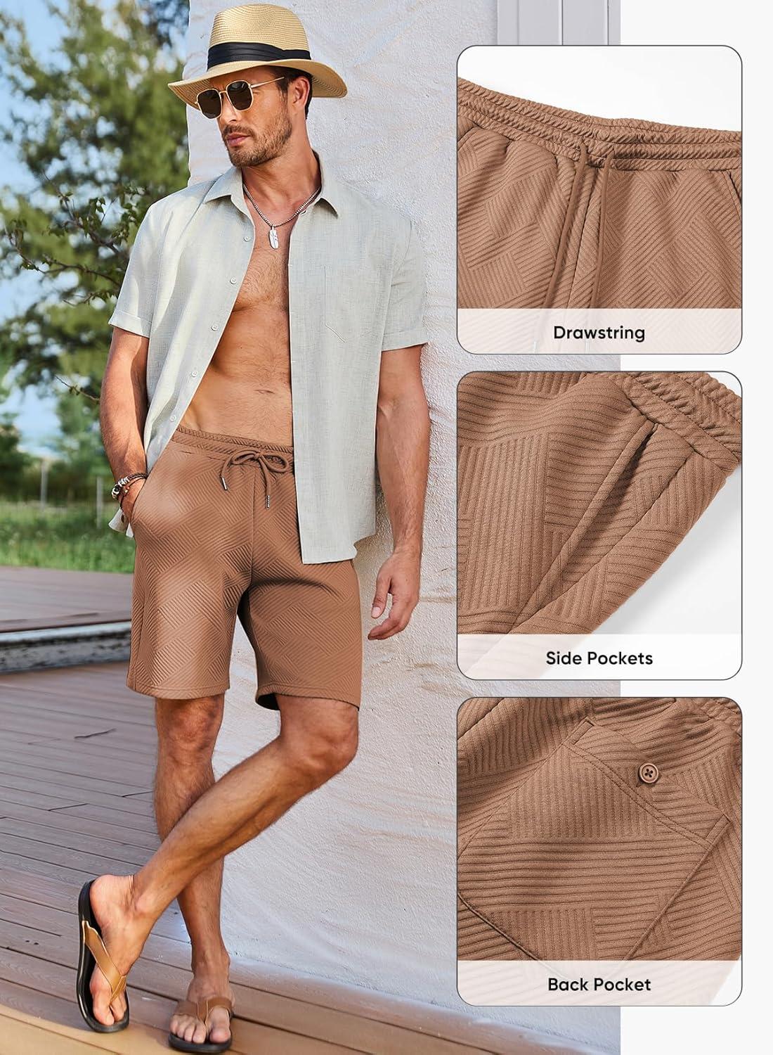 imageJMIERR Mens Casual 7quot Shorts Summer Drawstring Elastic Waist Beach Sweat Shorts Texture with PocketsDark Brown