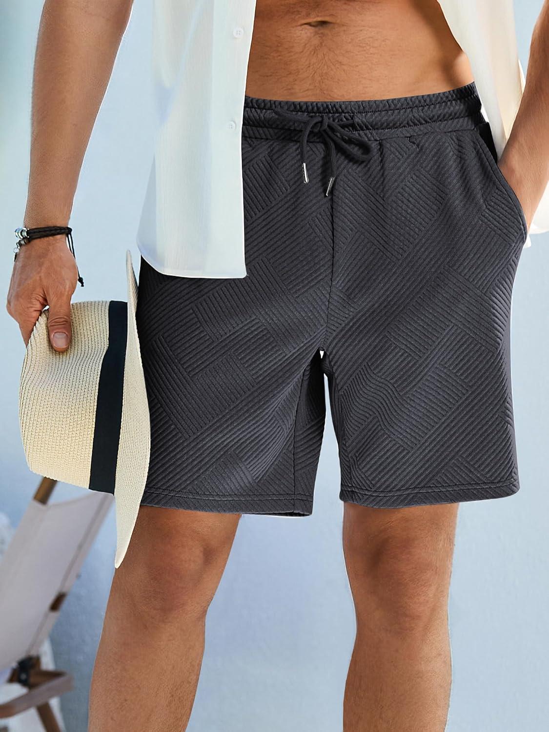 imageJMIERR Mens Casual 7quot Shorts Summer Drawstring Elastic Waist Beach Sweat Shorts Texture with PocketsDark Grey