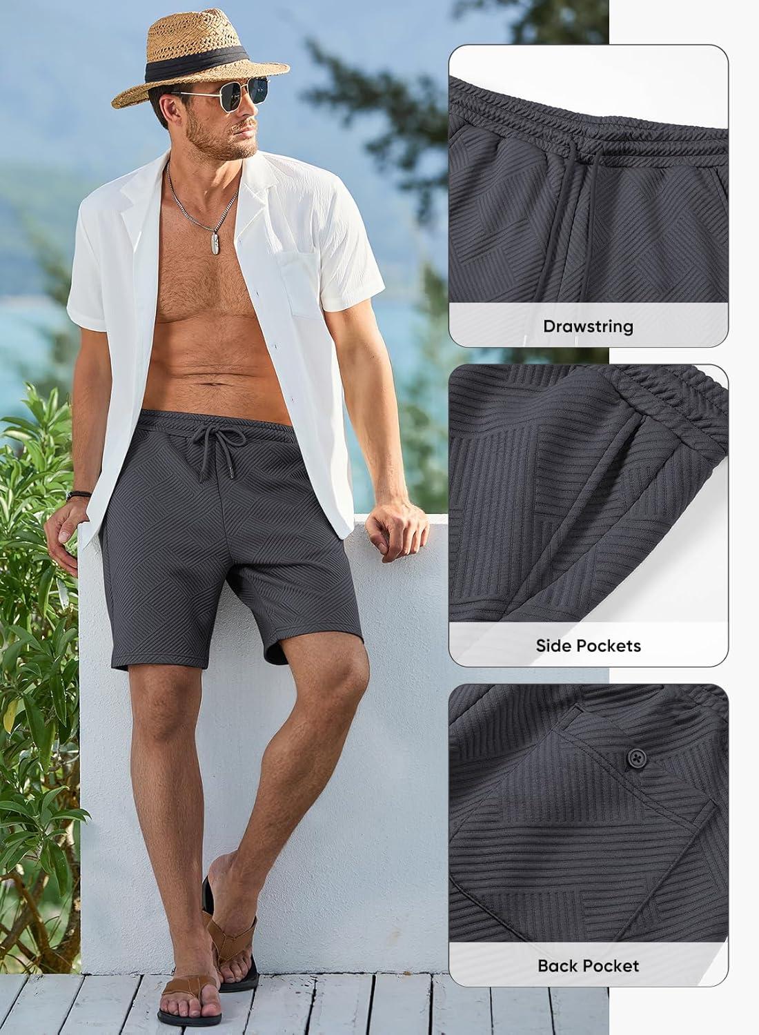 imageJMIERR Mens Casual 7quot Shorts Summer Drawstring Elastic Waist Beach Sweat Shorts Texture with PocketsDark Grey