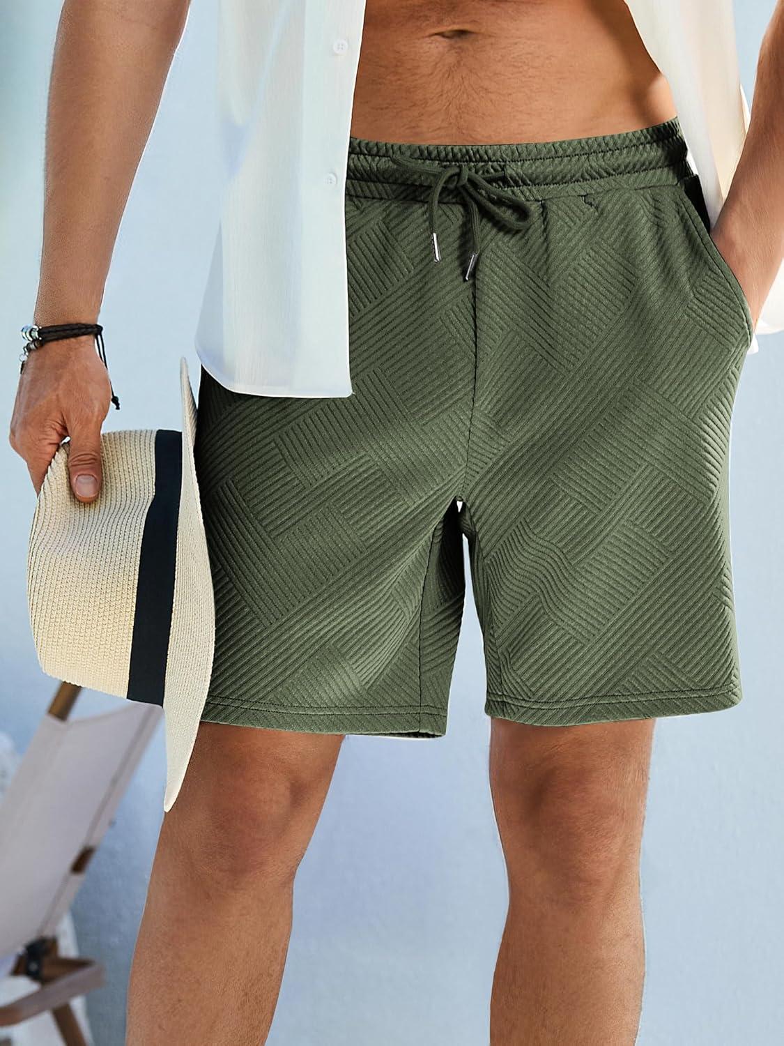 imageJMIERR Mens Casual 7quot Shorts Summer Drawstring Elastic Waist Beach Sweat Shorts Texture with PocketsGreen
