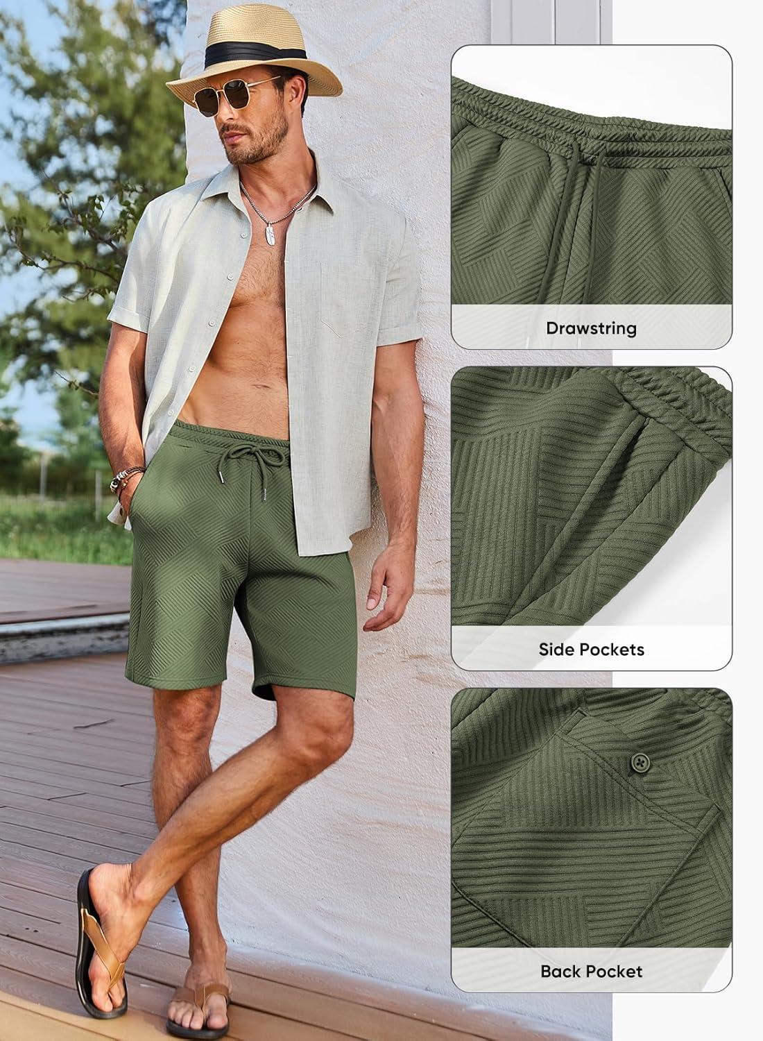 imageJMIERR Mens Casual 7quot Shorts Summer Drawstring Elastic Waist Beach Sweat Shorts Texture with PocketsGreen