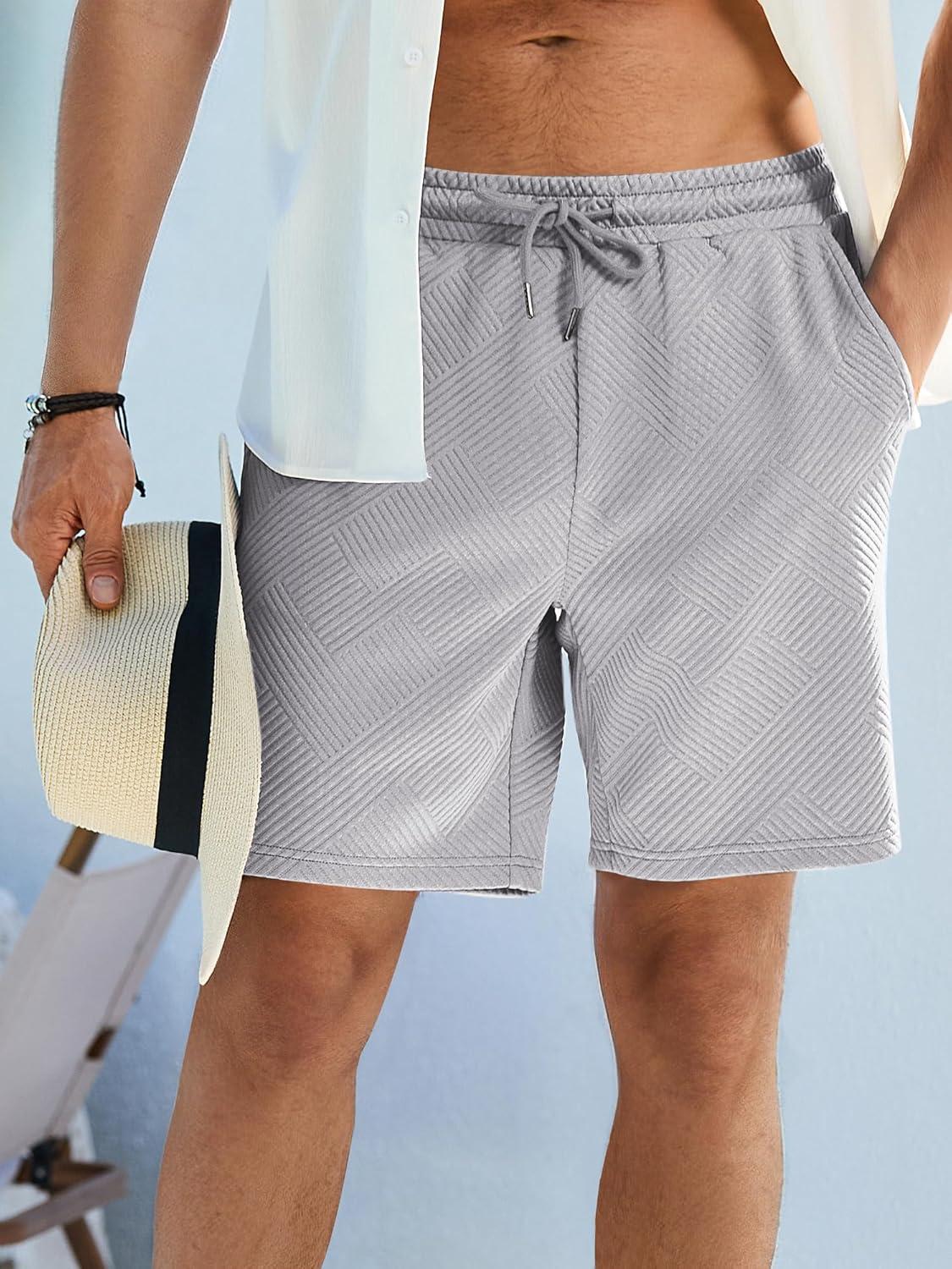 imageJMIERR Mens Casual 7quot Shorts Summer Drawstring Elastic Waist Beach Sweat Shorts Texture with PocketsGrey