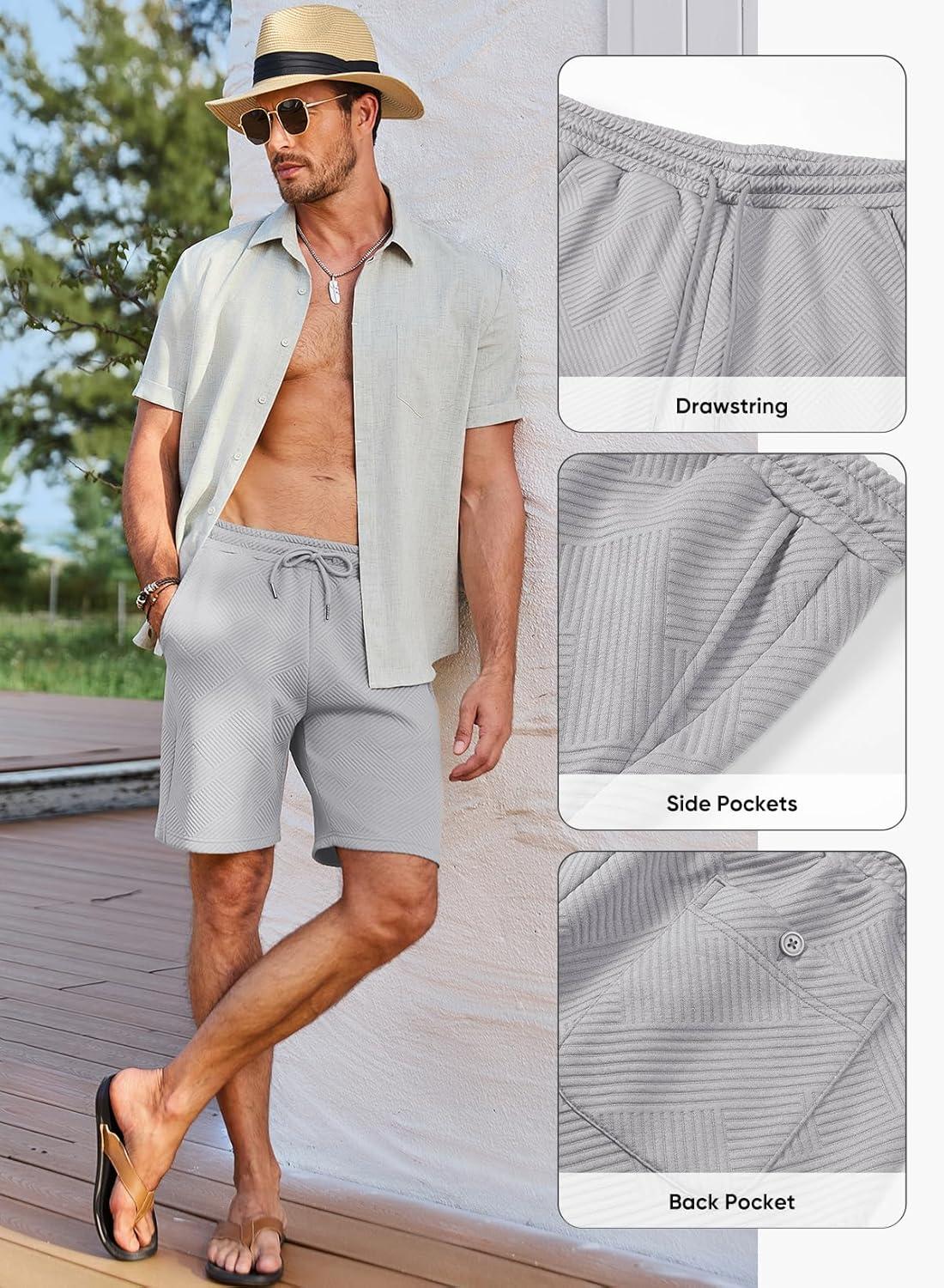 imageJMIERR Mens Casual 7quot Shorts Summer Drawstring Elastic Waist Beach Sweat Shorts Texture with PocketsGrey