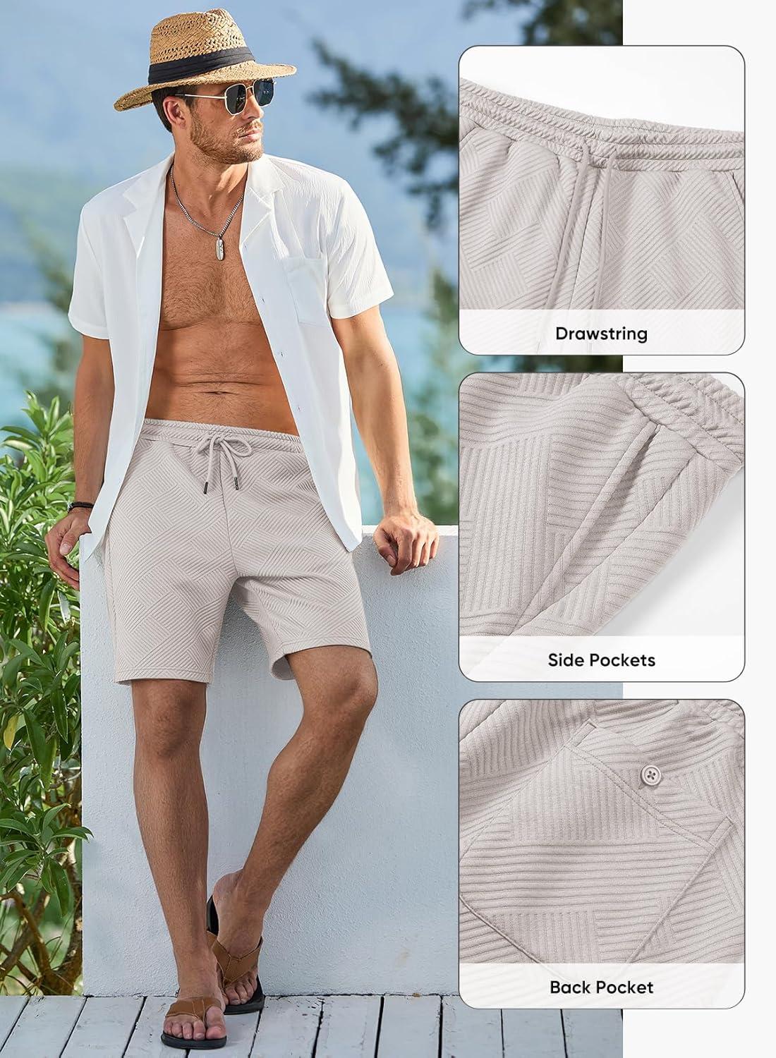 imageJMIERR Mens Casual 7quot Shorts Summer Drawstring Elastic Waist Beach Sweat Shorts Texture with PocketsLight Grey