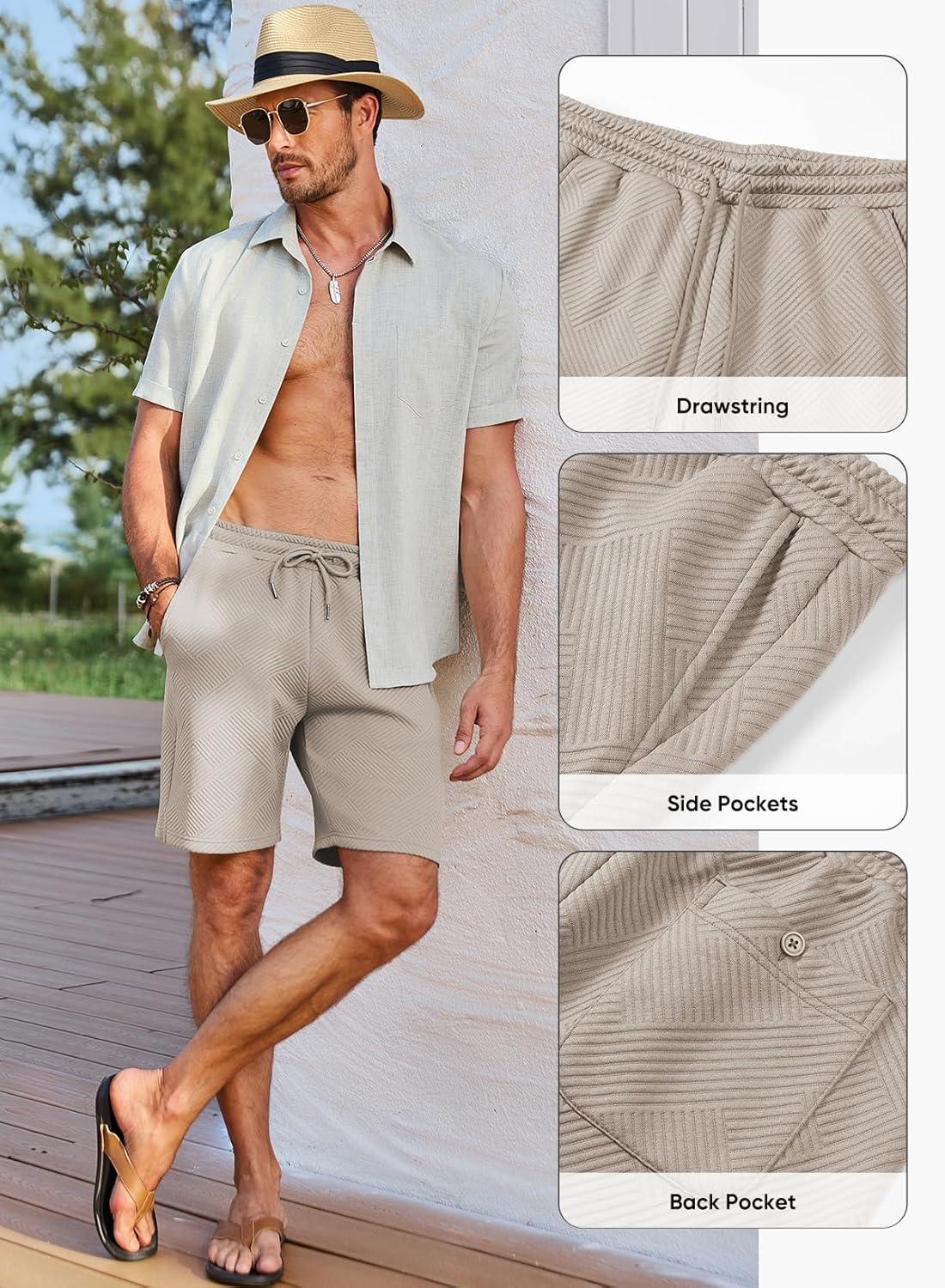 imageJMIERR Mens Casual 7quot Shorts Summer Drawstring Elastic Waist Beach Sweat Shorts Texture with PocketsLight Khaki