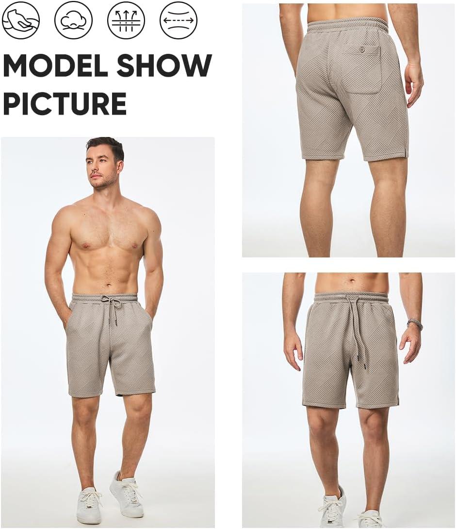 imageJMIERR Mens Casual 7quot Shorts Summer Drawstring Elastic Waist Beach Sweat Shorts Texture with PocketsLight Khaki