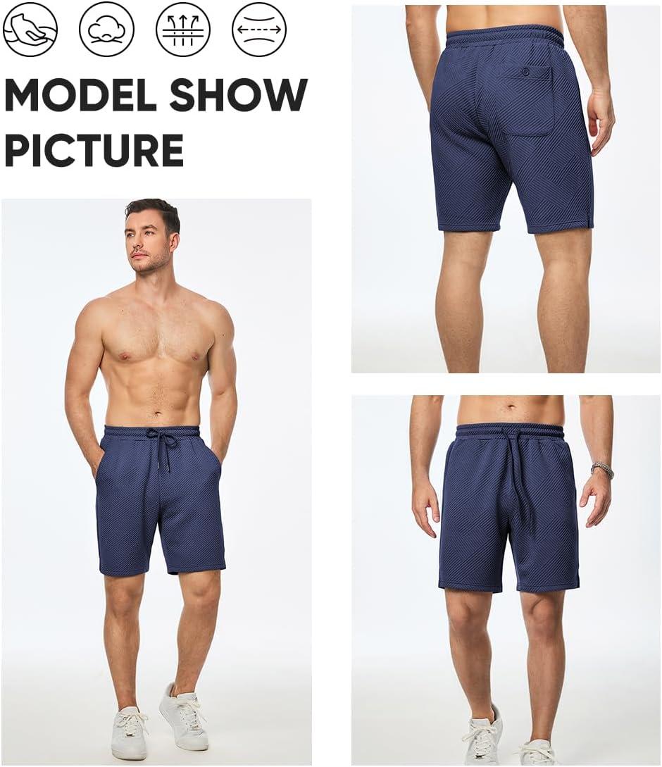 imageJMIERR Mens Casual 7quot Shorts Summer Drawstring Elastic Waist Beach Sweat Shorts Texture with PocketsNavy Blue