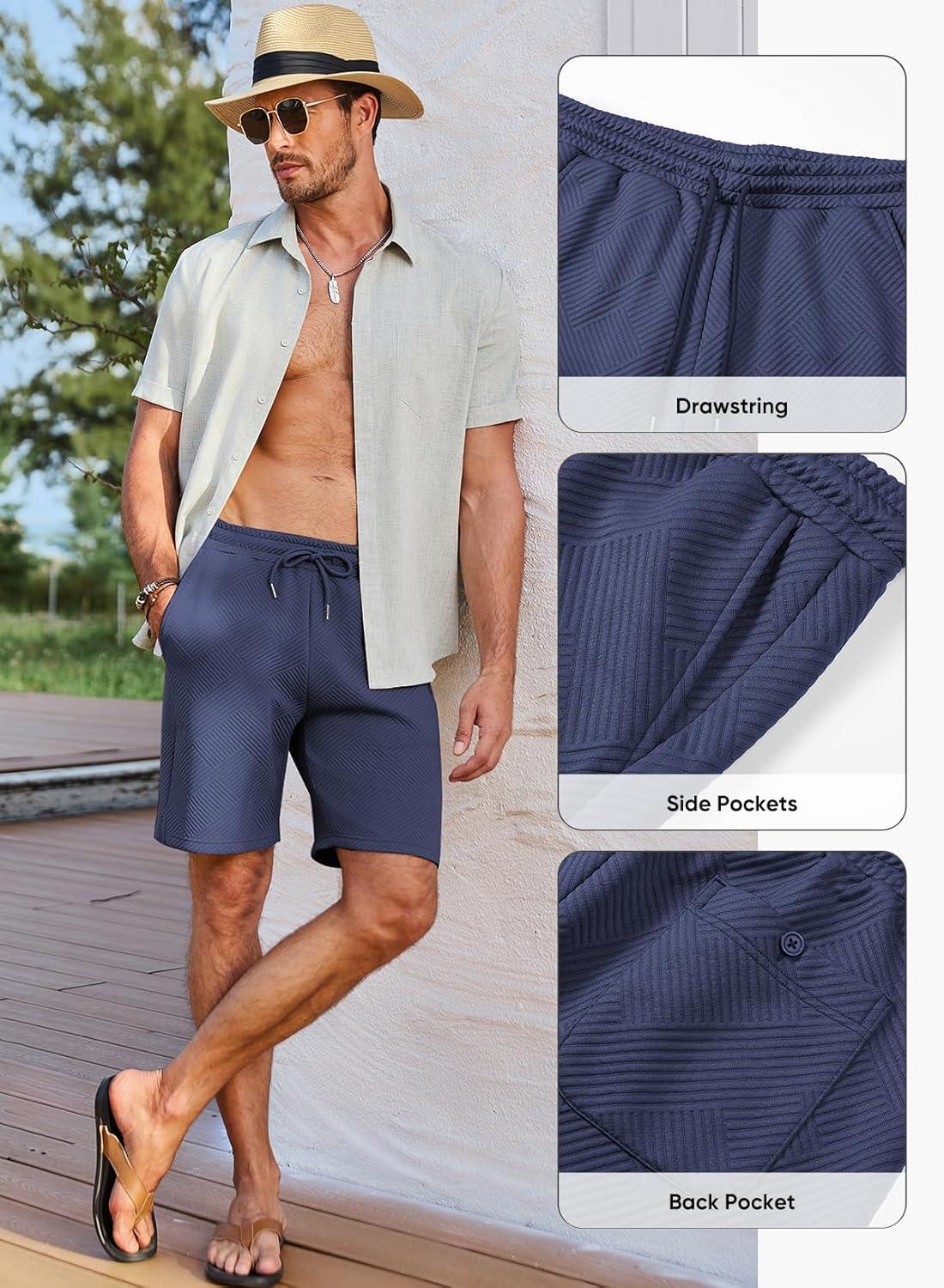 imageJMIERR Mens Casual 7quot Shorts Summer Drawstring Elastic Waist Beach Sweat Shorts Texture with PocketsNavy Blue