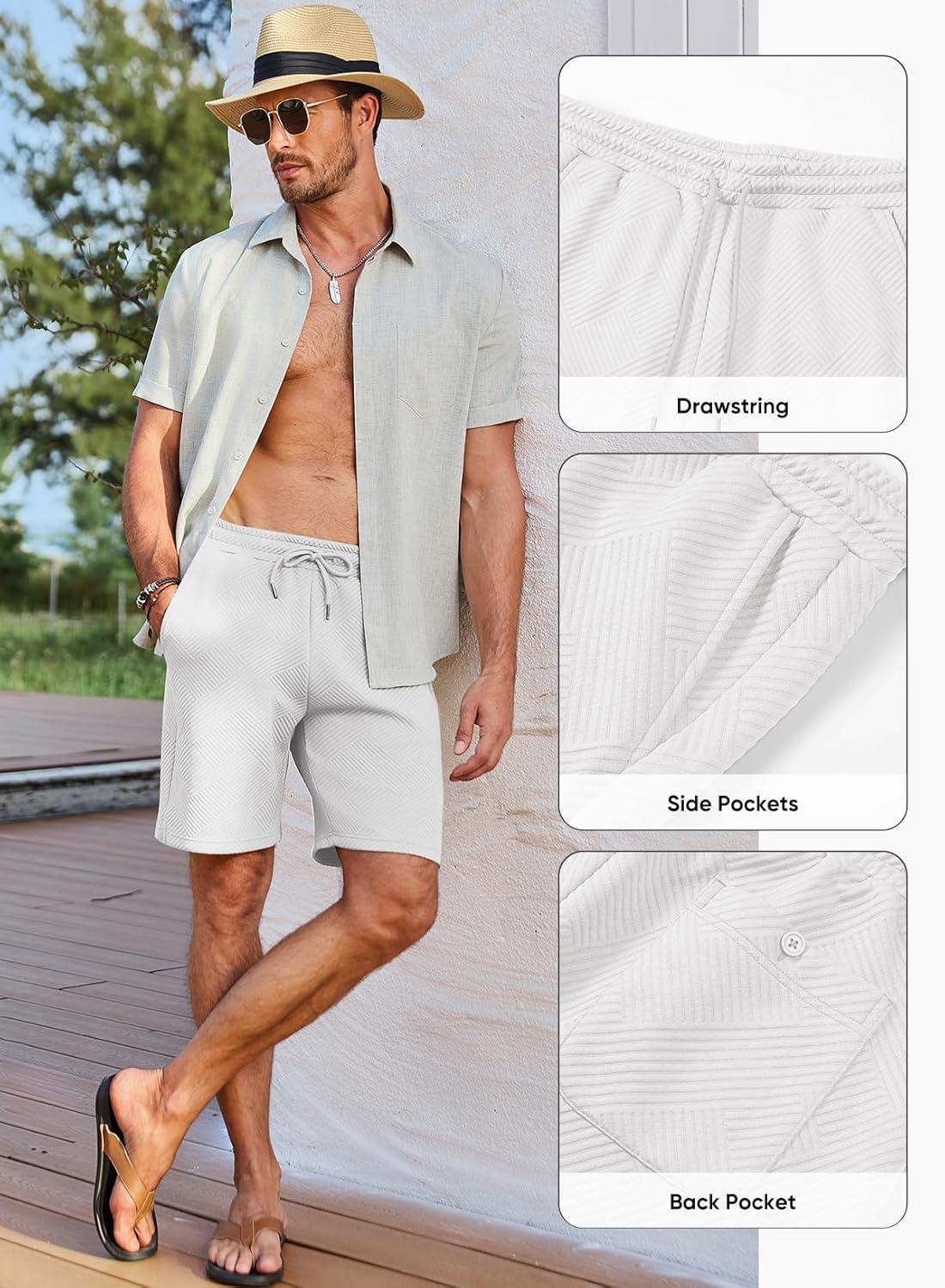 imageJMIERR Mens Casual 7quot Shorts Summer Drawstring Elastic Waist Beach Sweat Shorts Texture with PocketsWhite