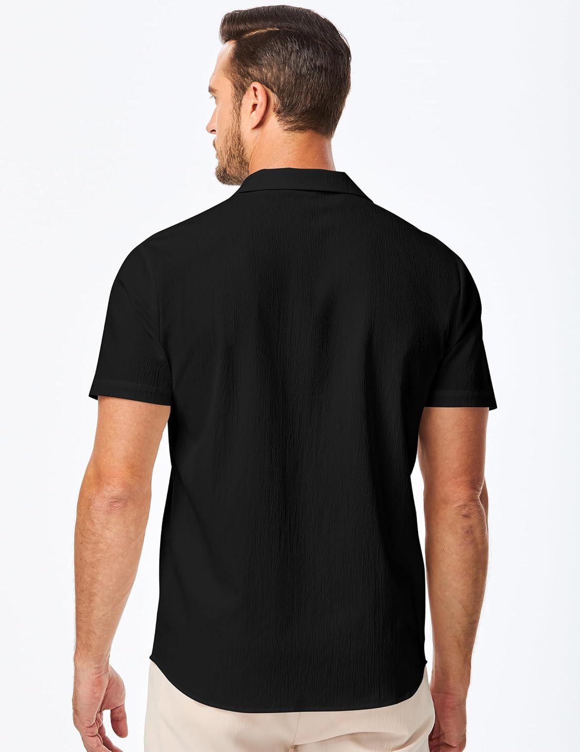 imageJMIERR Mens Casual Button Down Shirts Short Sleeve Textured Summer Beach Shirt Cuban Vacation Shirts with PocketBlack