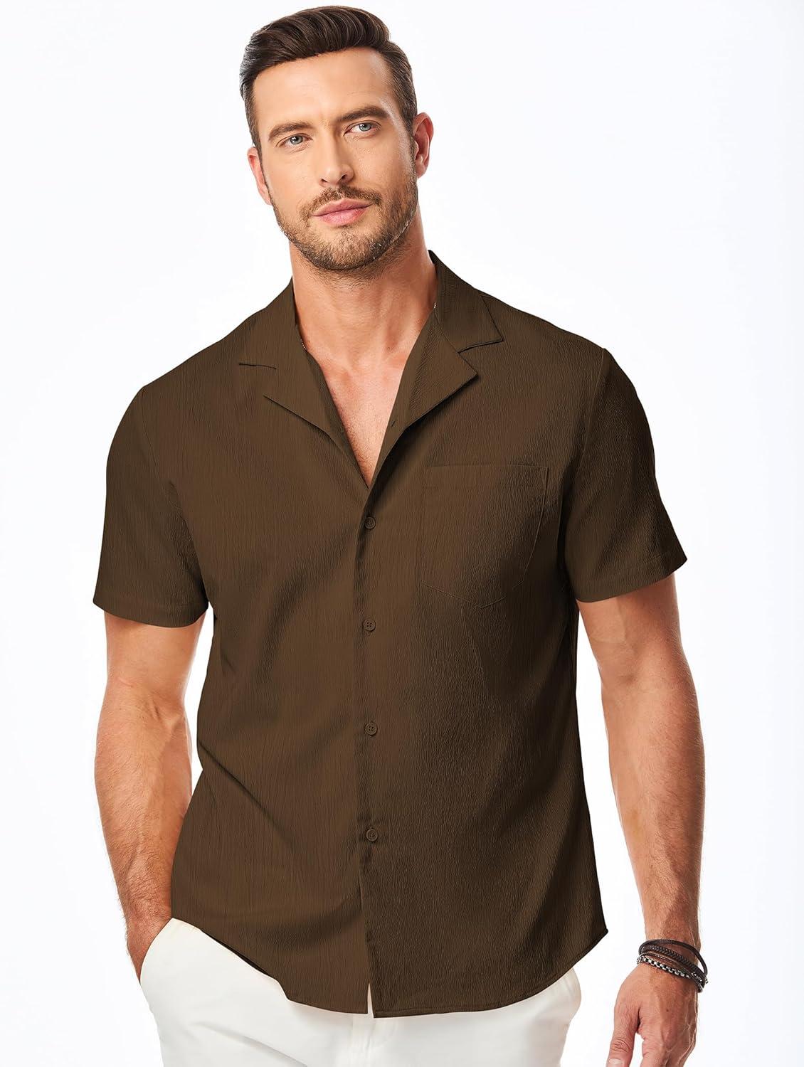 imageJMIERR Mens Casual Button Down Shirts Short Sleeve Textured Summer Beach Shirt Cuban Vacation Shirts with PocketCoffee