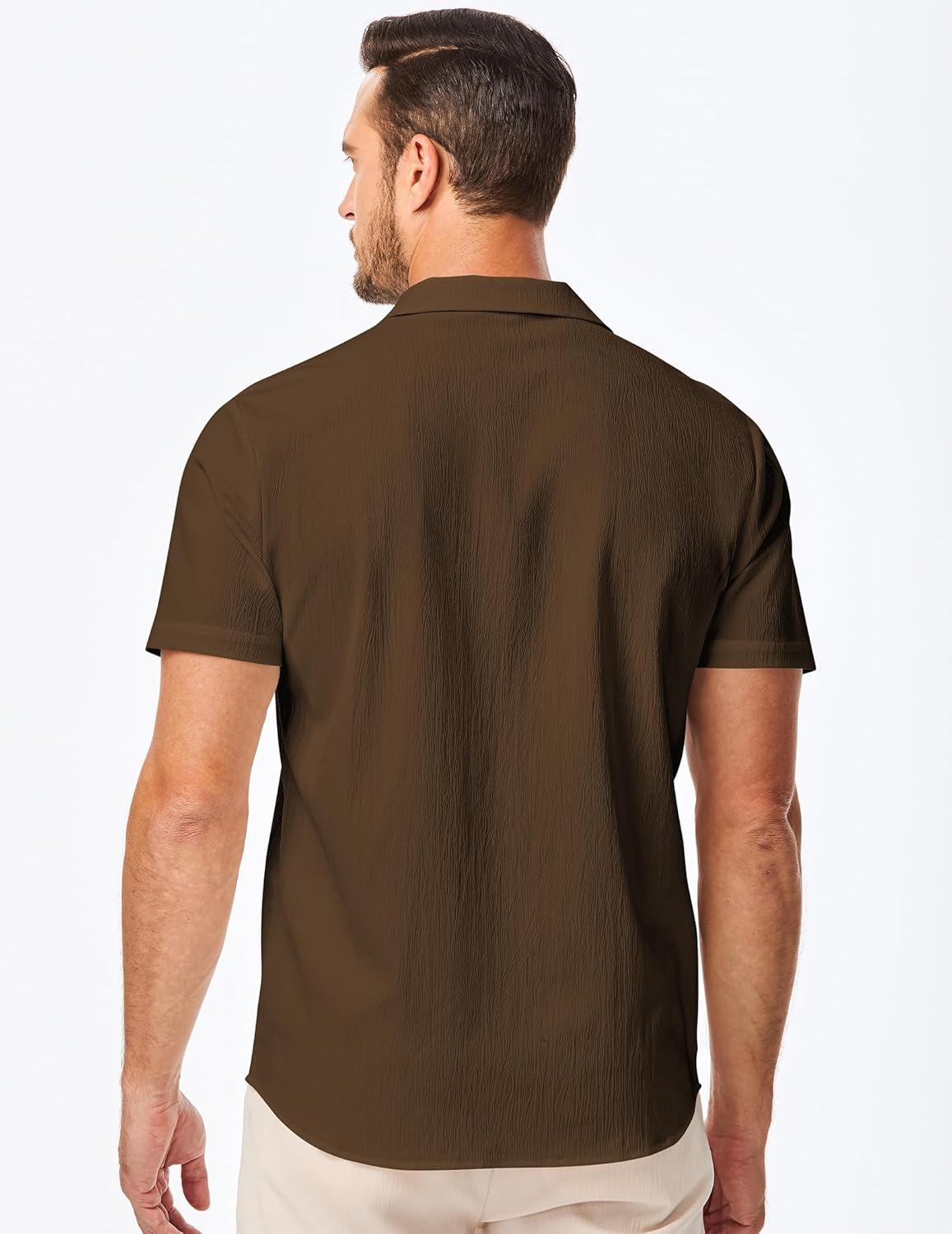 imageJMIERR Mens Casual Button Down Shirts Short Sleeve Textured Summer Beach Shirt Cuban Vacation Shirts with PocketCoffee