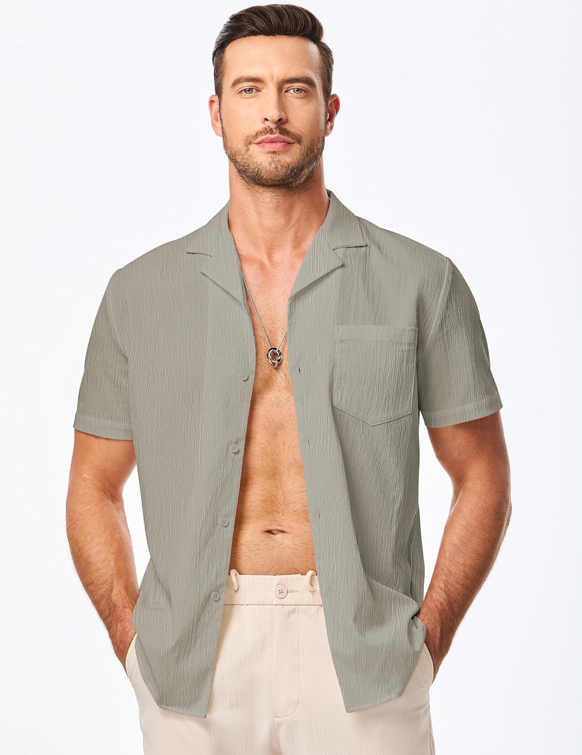 imageJMIERR Mens Casual Button Down Shirts Short Sleeve Textured Summer Beach Shirt Cuban Vacation Shirts with PocketGray