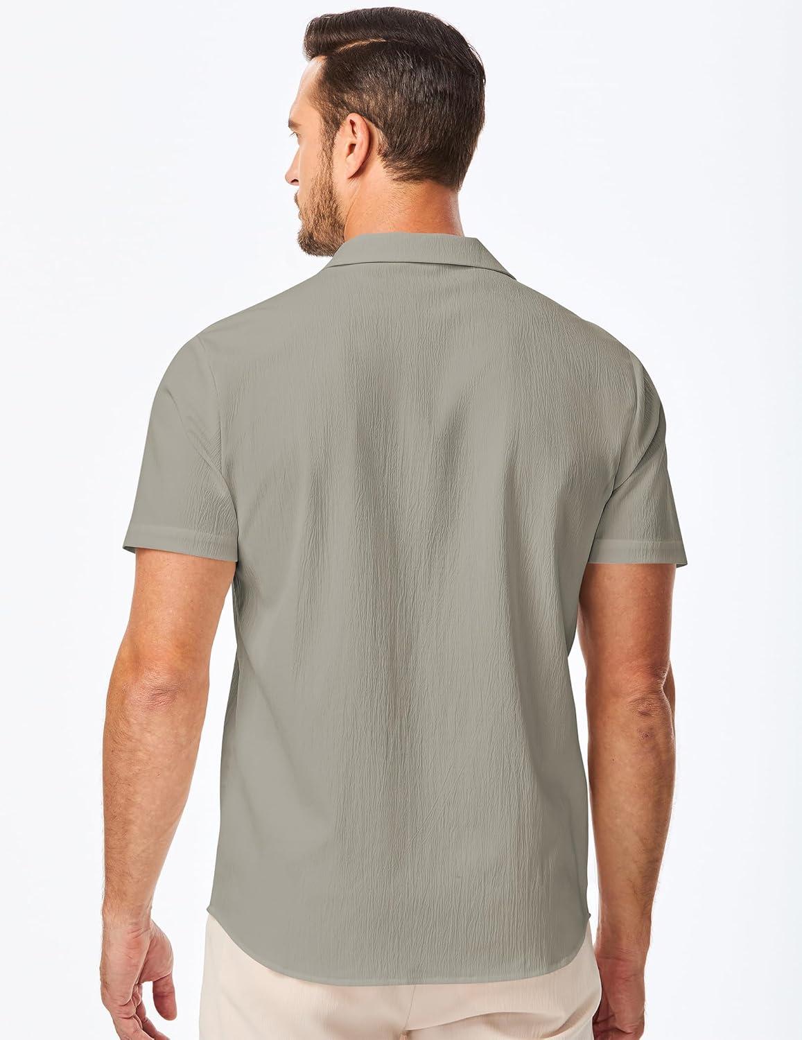 imageJMIERR Mens Casual Button Down Shirts Short Sleeve Textured Summer Beach Shirt Cuban Vacation Shirts with PocketGray