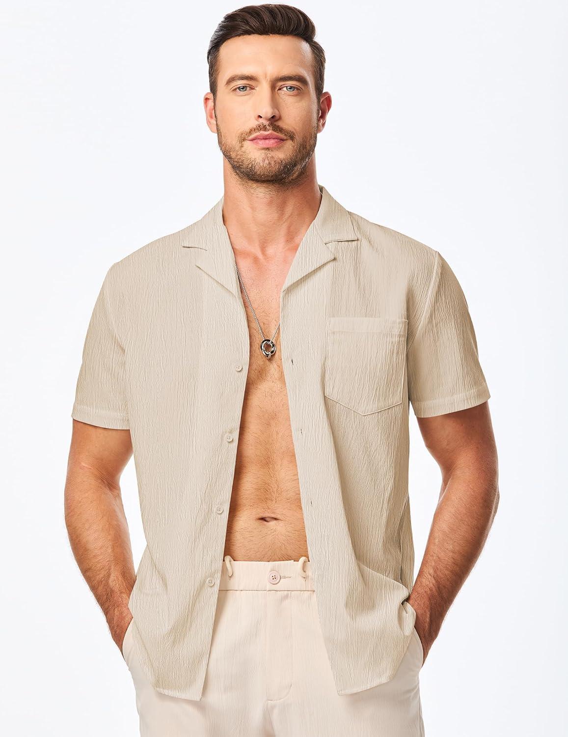 imageJMIERR Mens Casual Button Down Shirts Short Sleeve Textured Summer Beach Shirt Cuban Vacation Shirts with PocketKhaki