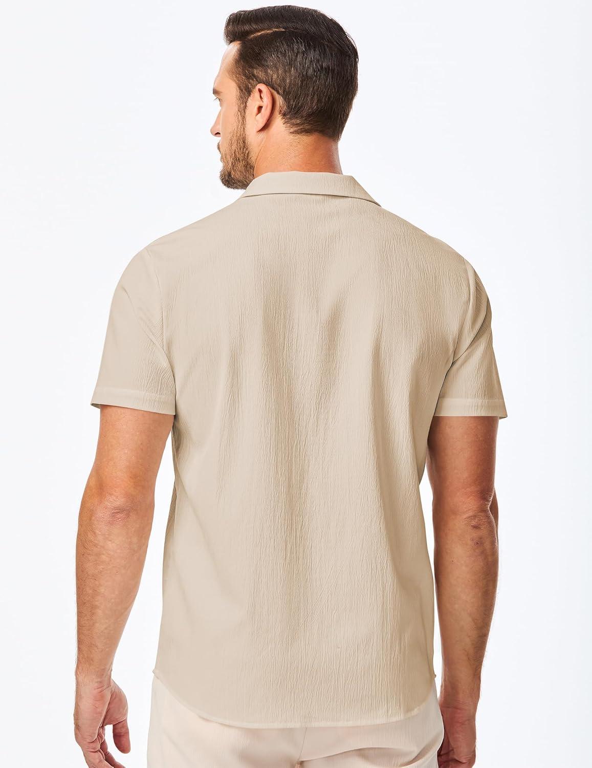 imageJMIERR Mens Casual Button Down Shirts Short Sleeve Textured Summer Beach Shirt Cuban Vacation Shirts with PocketKhaki