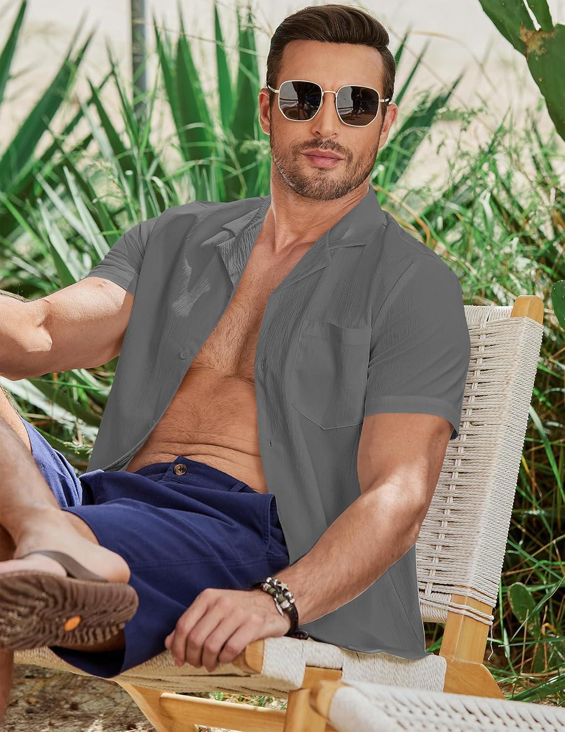 imageJMIERR Mens Casual Button Down Shirts Short Sleeve Textured Summer Beach Shirt Cuban Vacation Shirts with PocketLight Gray