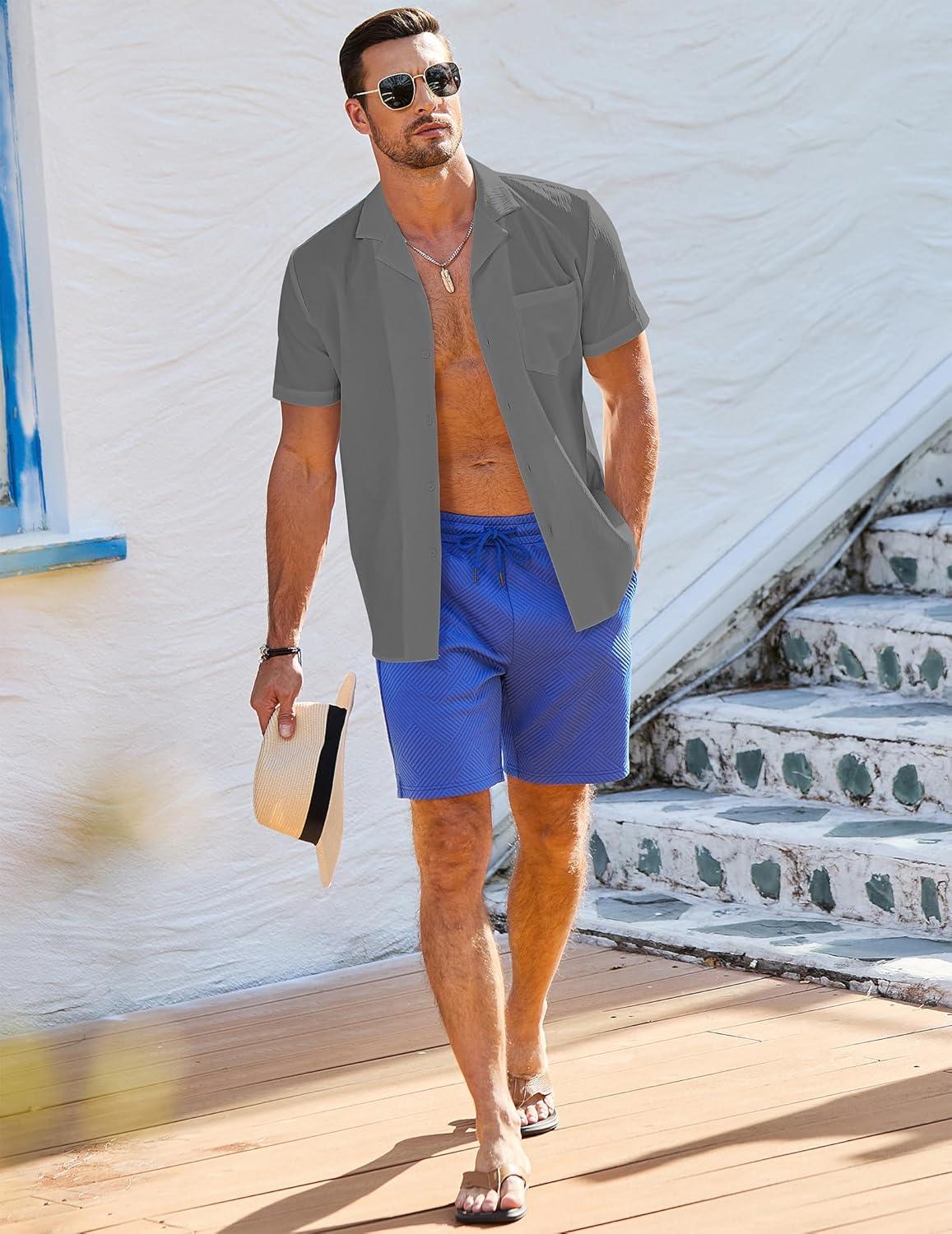 imageJMIERR Mens Casual Button Down Shirts Short Sleeve Textured Summer Beach Shirt Cuban Vacation Shirts with PocketLight Gray