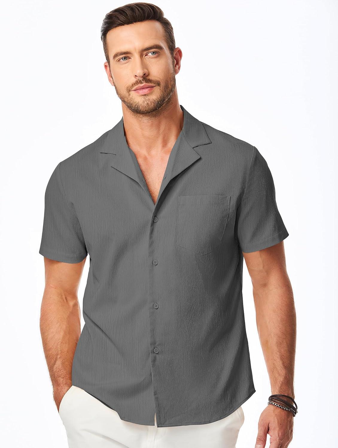 imageJMIERR Mens Casual Button Down Shirts Short Sleeve Textured Summer Beach Shirt Cuban Vacation Shirts with PocketLight Gray