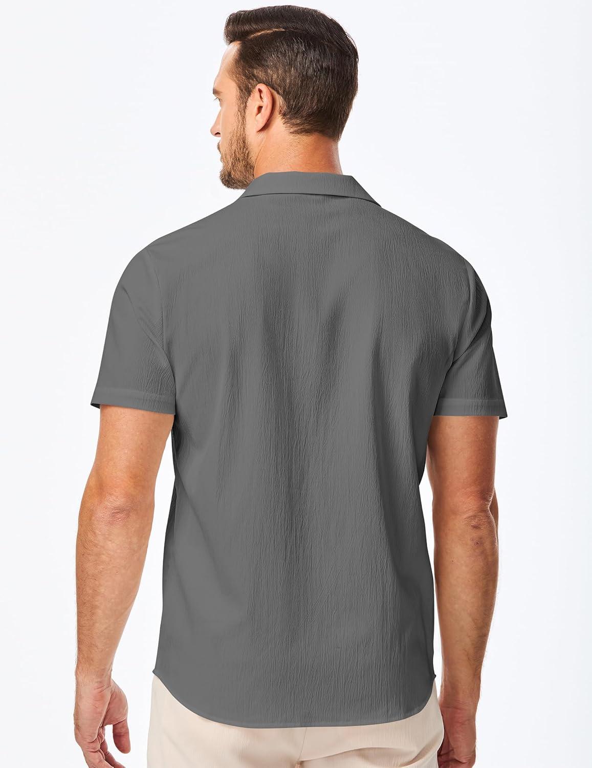 imageJMIERR Mens Casual Button Down Shirts Short Sleeve Textured Summer Beach Shirt Cuban Vacation Shirts with PocketLight Gray