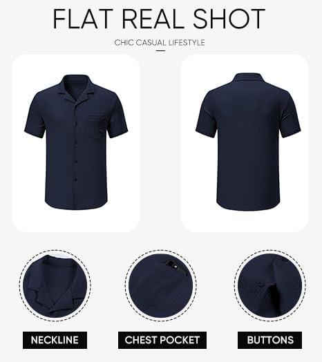 imageJMIERR Mens Casual Button Down Shirts Short Sleeve Textured Summer Beach Shirt Cuban Vacation Shirts with PocketNavy Blue