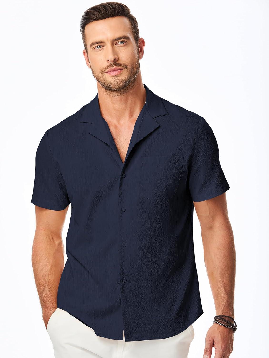 imageJMIERR Mens Casual Button Down Shirts Short Sleeve Textured Summer Beach Shirt Cuban Vacation Shirts with PocketNavy Blue