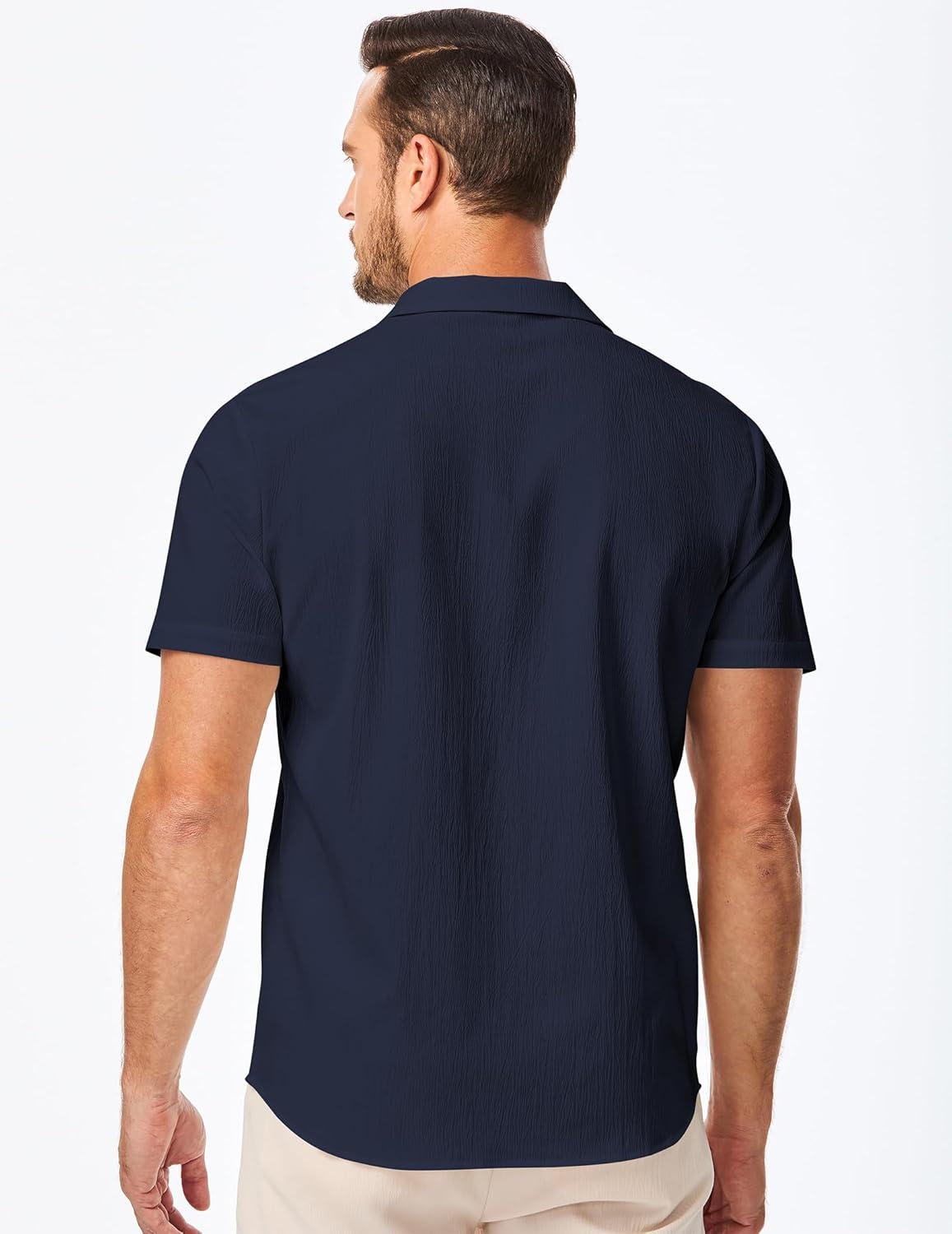 imageJMIERR Mens Casual Button Down Shirts Short Sleeve Textured Summer Beach Shirt Cuban Vacation Shirts with PocketNavy Blue