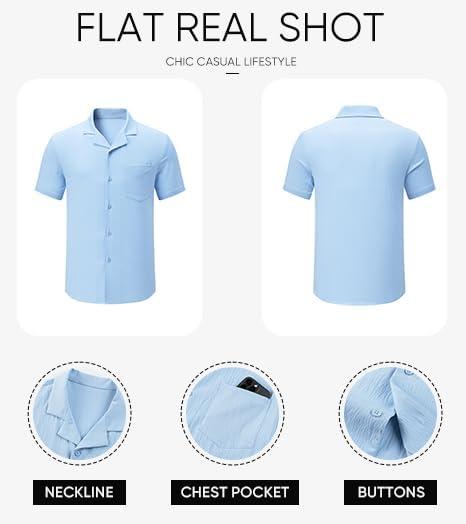 imageJMIERR Mens Casual Button Down Shirts Short Sleeve Textured Summer Beach Shirt Cuban Vacation Shirts with PocketSky Blue