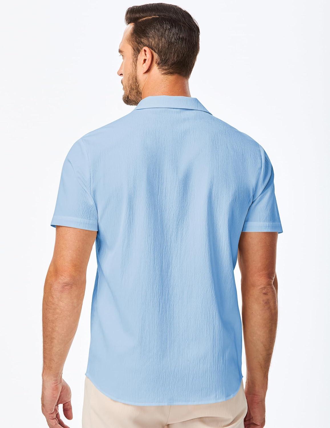 imageJMIERR Mens Casual Button Down Shirts Short Sleeve Textured Summer Beach Shirt Cuban Vacation Shirts with PocketSky Blue