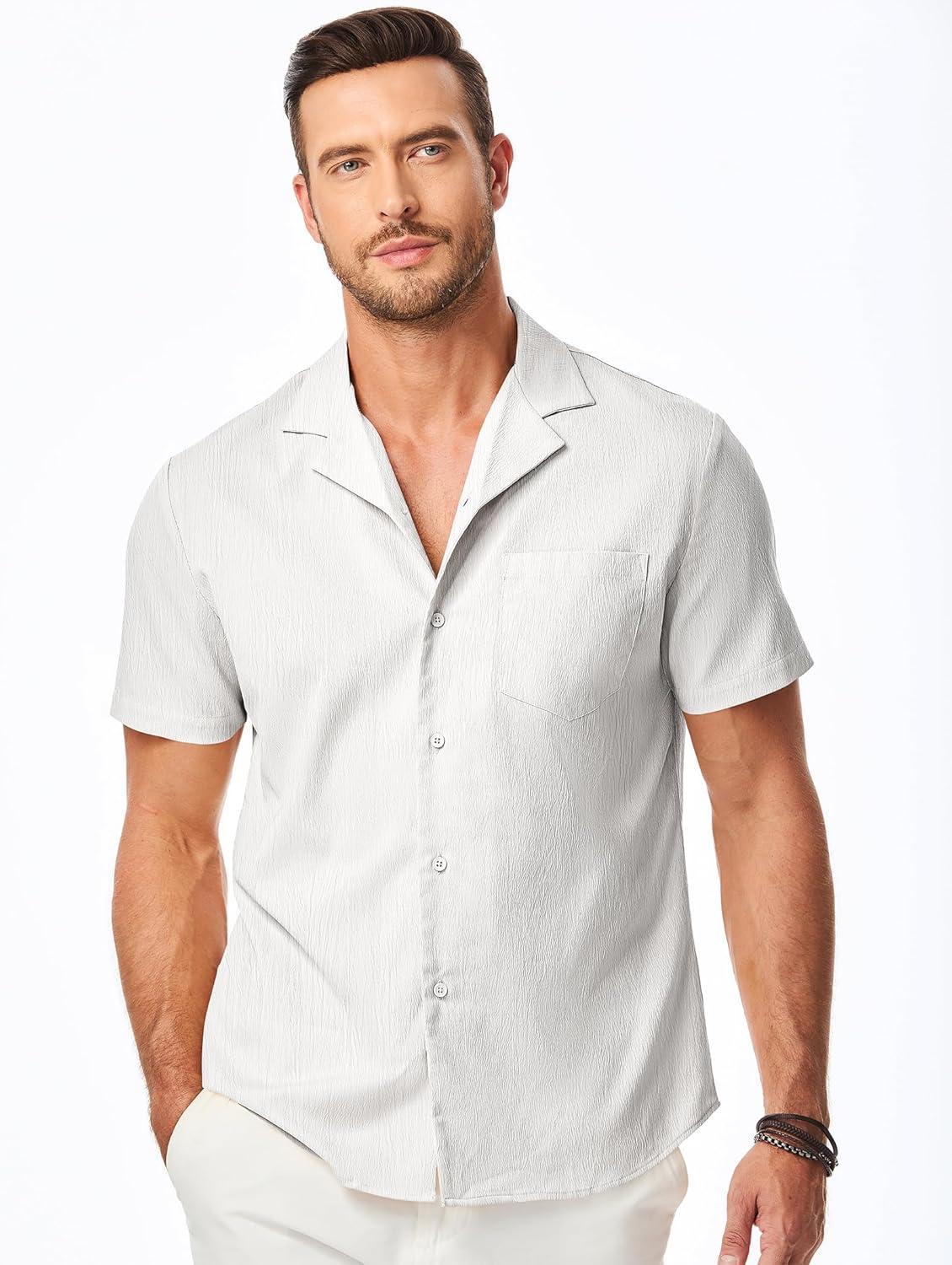 imageJMIERR Mens Casual Button Down Shirts Short Sleeve Textured Summer Beach Shirt Cuban Vacation Shirts with PocketWhite