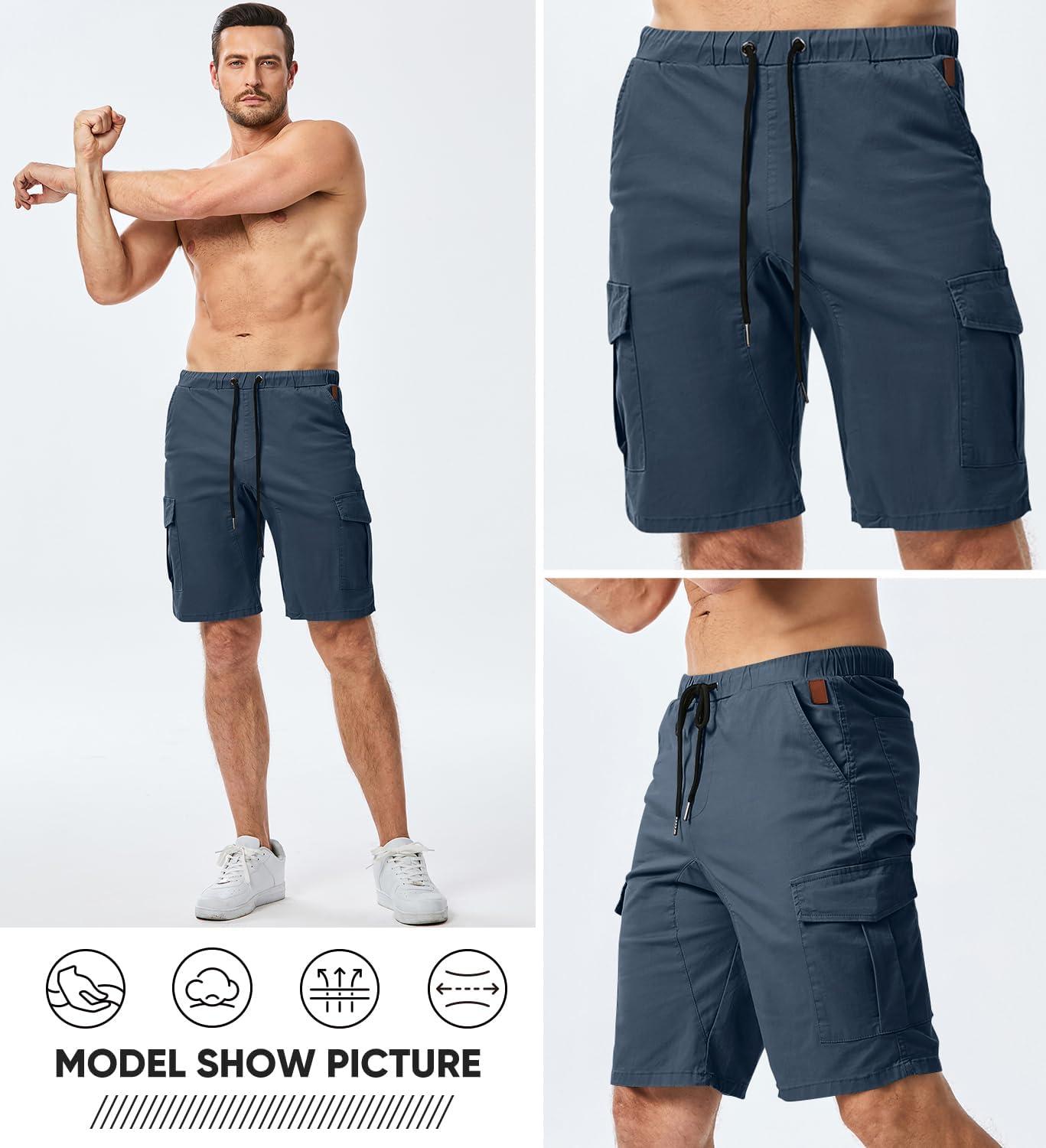 imageJMIERR Mens Casual Cargo Shorts Cotton Drawstring Stretch Summer Beach Shorts Twill Chino Short with 6 PocketsA Blue2